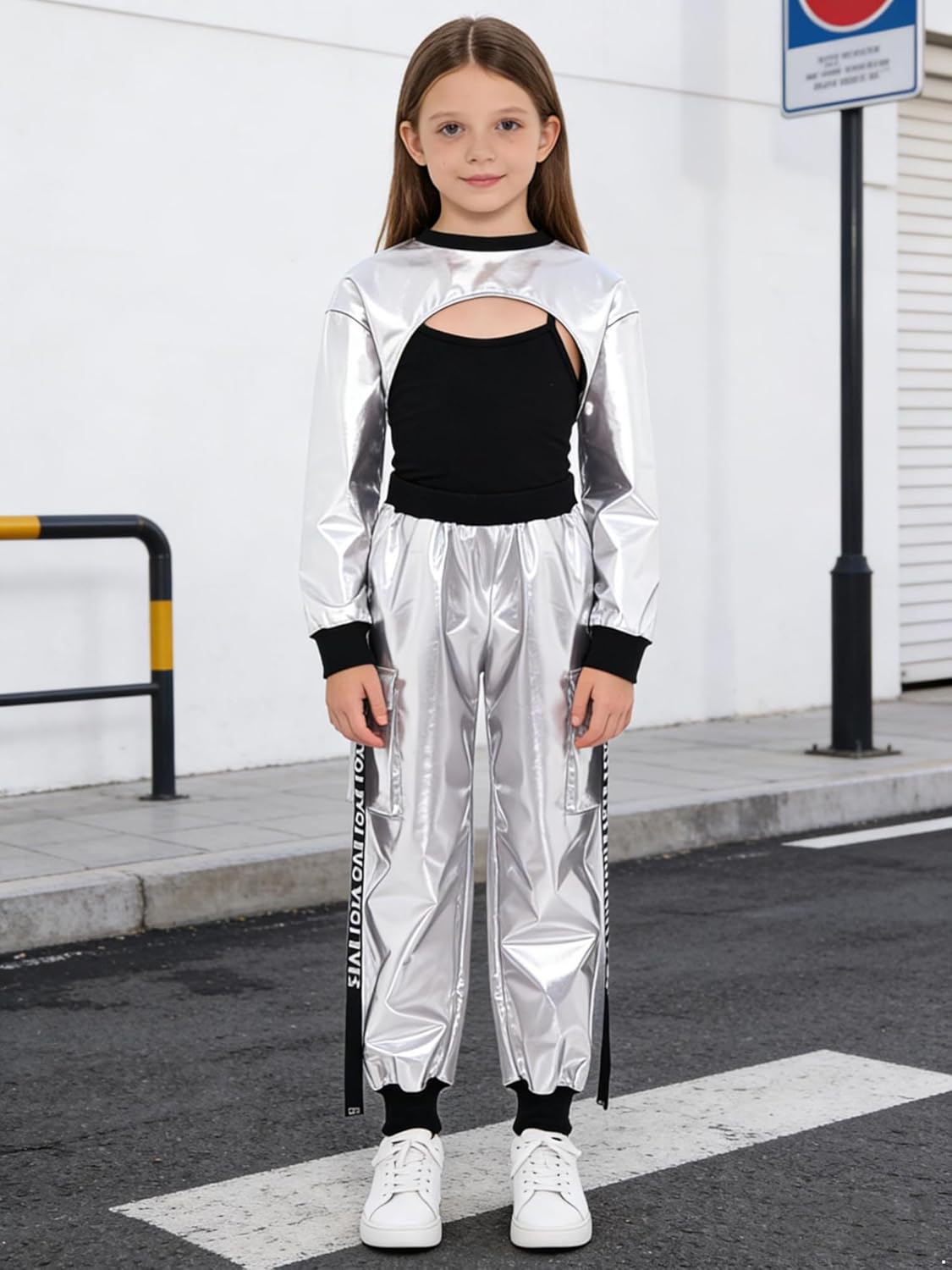 renvena Girls Long Sleeve Metallic Crop Tops Hip Hop Dance High Waist Pants Fashion Disco Clubwear for Kids Ivory 16 Years