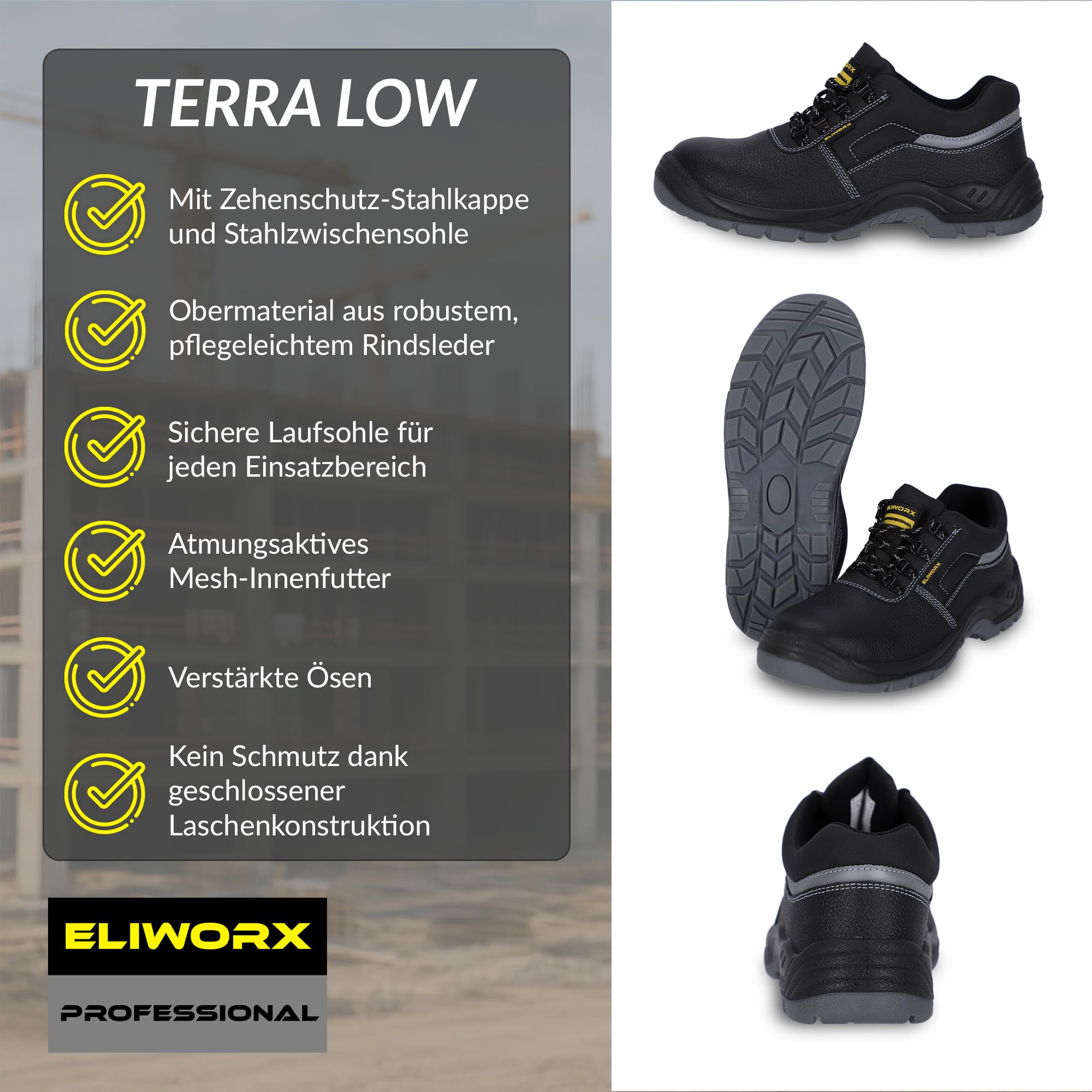 Scarpe da lavoro da uomo antinfortunistiche S3 – Terra Low – con punta in acciaio, traspiranti, intersuola in acciaio, particolarmente antiscivolo, occhielli rinforzati