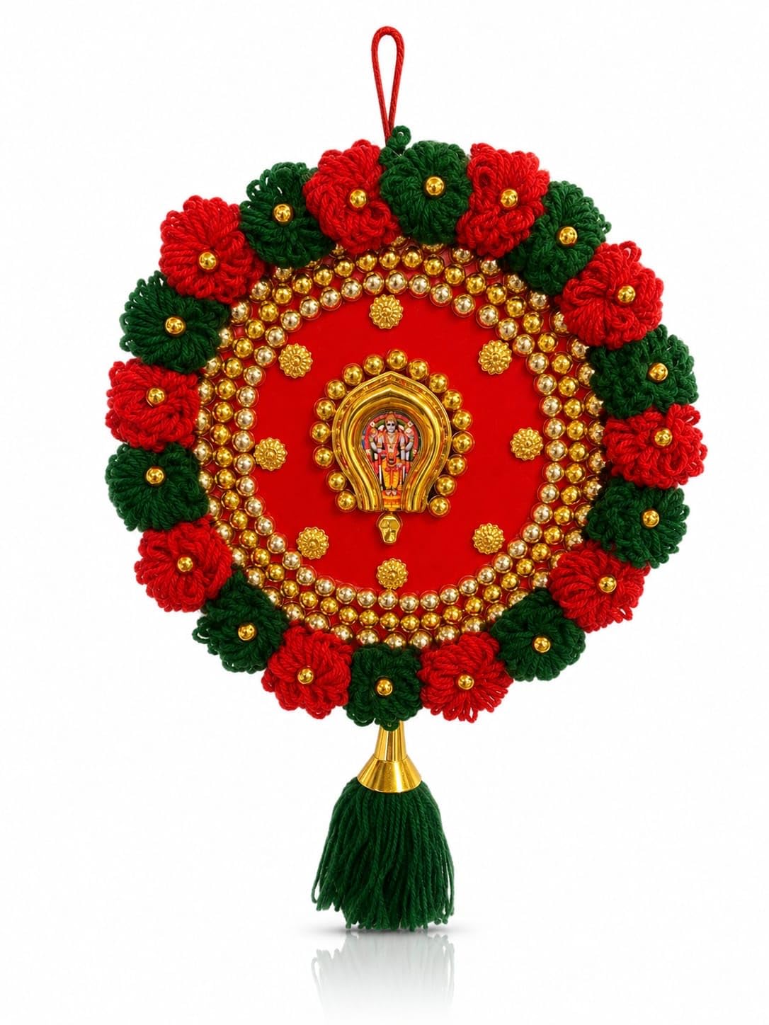 Guruvayurappan Dream Catcher Wall Hanging, Handcrafted, Red and Green Woolen Flowers with Golden Beads, Round, 30 cm, Traditional Hindu Décor-image-35