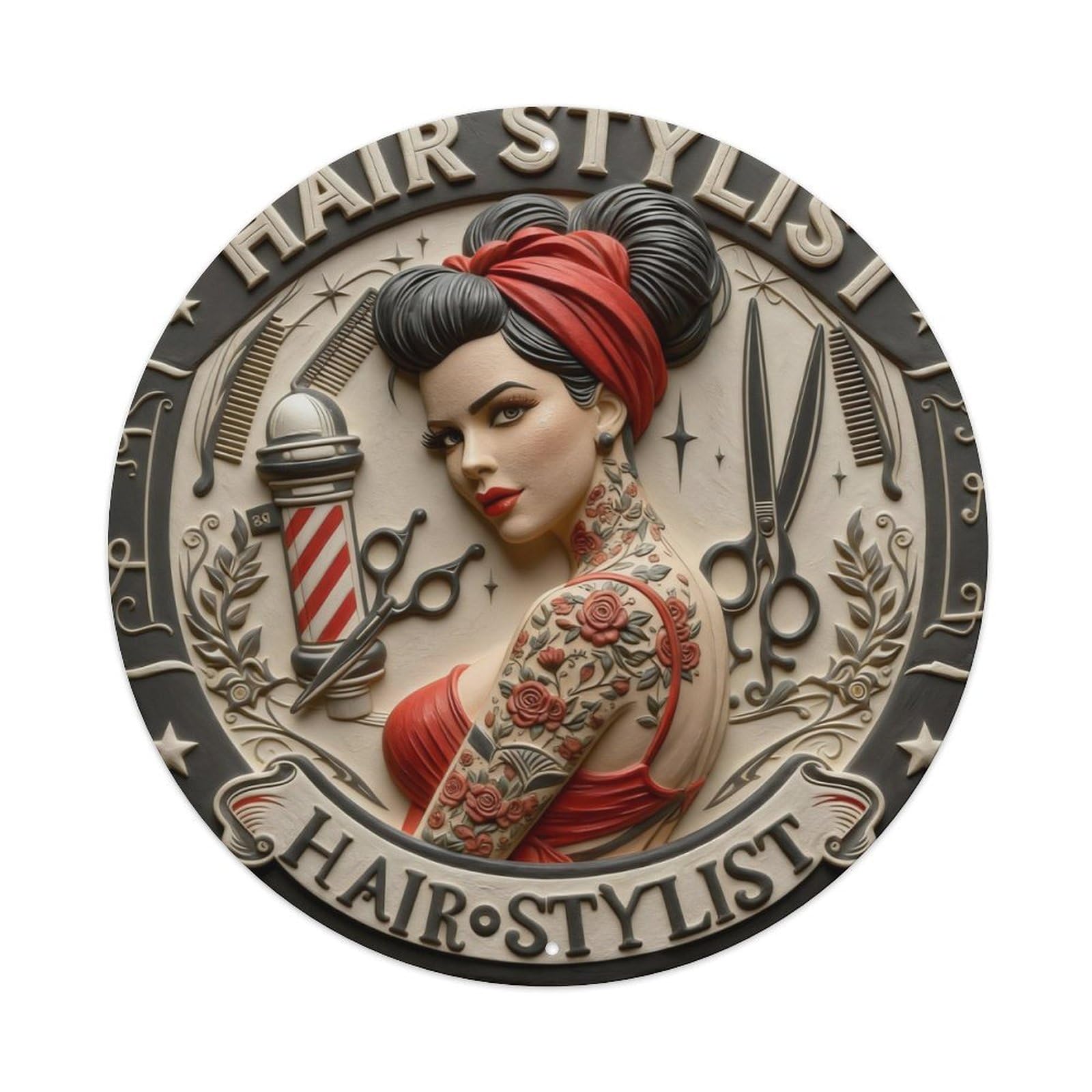 Zlatcbu Vintage Tattooed Hair Stylist Salon Emblem Metal Tin Sign Retro Wall Art Poster, Decor For Home Living Room Bar Cafe Garage, 8X8 Inch