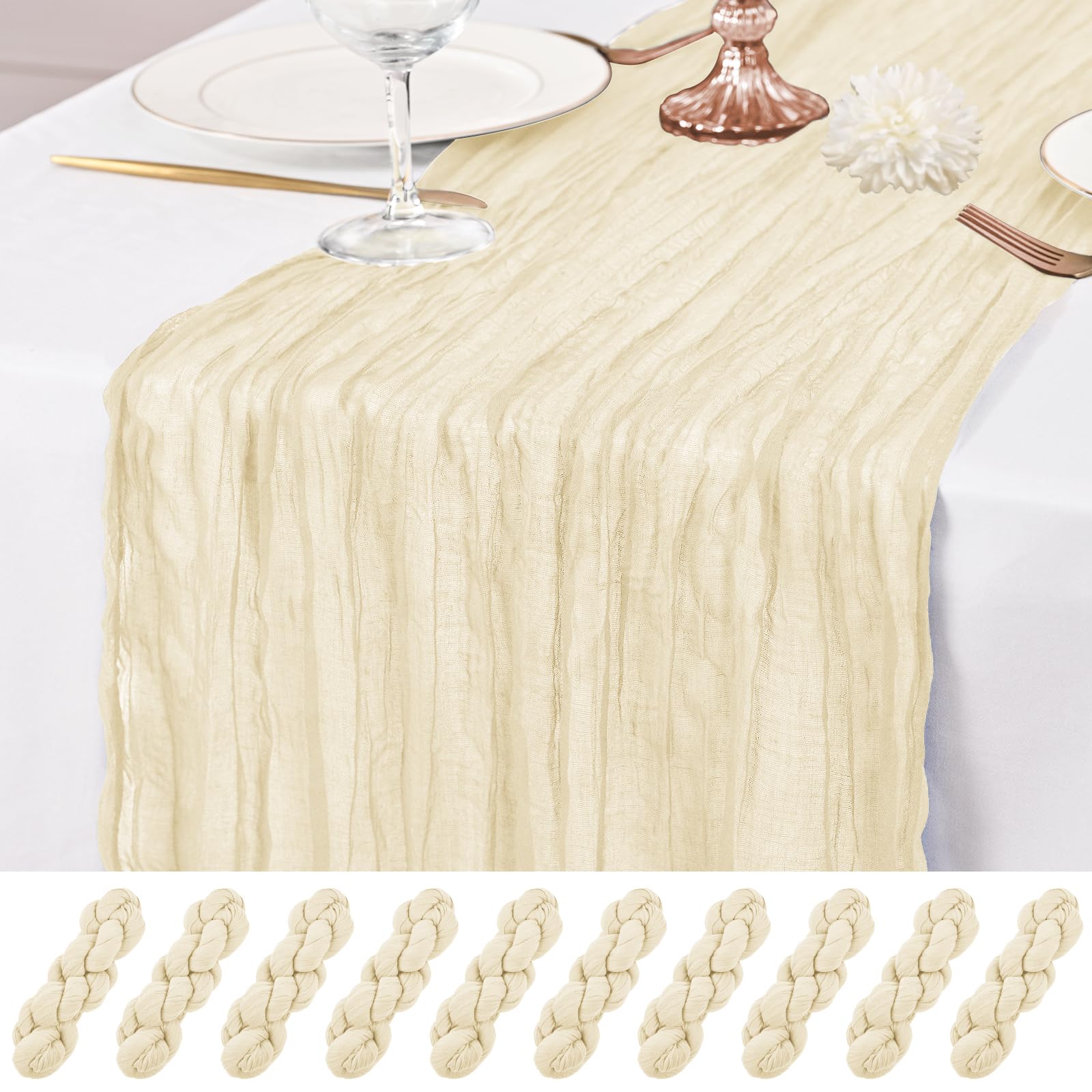 10 Pcs Iovry Table Runner 10Ft Cheesecloth Table Runner 21x120 inch Rustic Gauze Table Runners Romantic Long Sheer Fabric Cheese Cloth Table Runners for Wedding Party Bridal Baby Shower