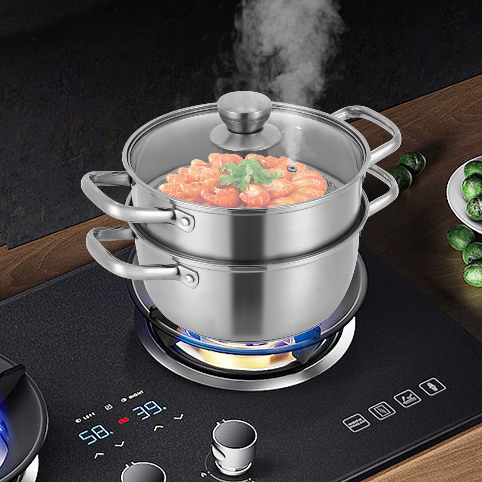 Pentola a vapore, a 2 livelli, pentola in acciaio inox, fornello a gas e a induzione, universale, con inserto per vapore, multifunzione, può essere cotto a vapore, cotto, fritto