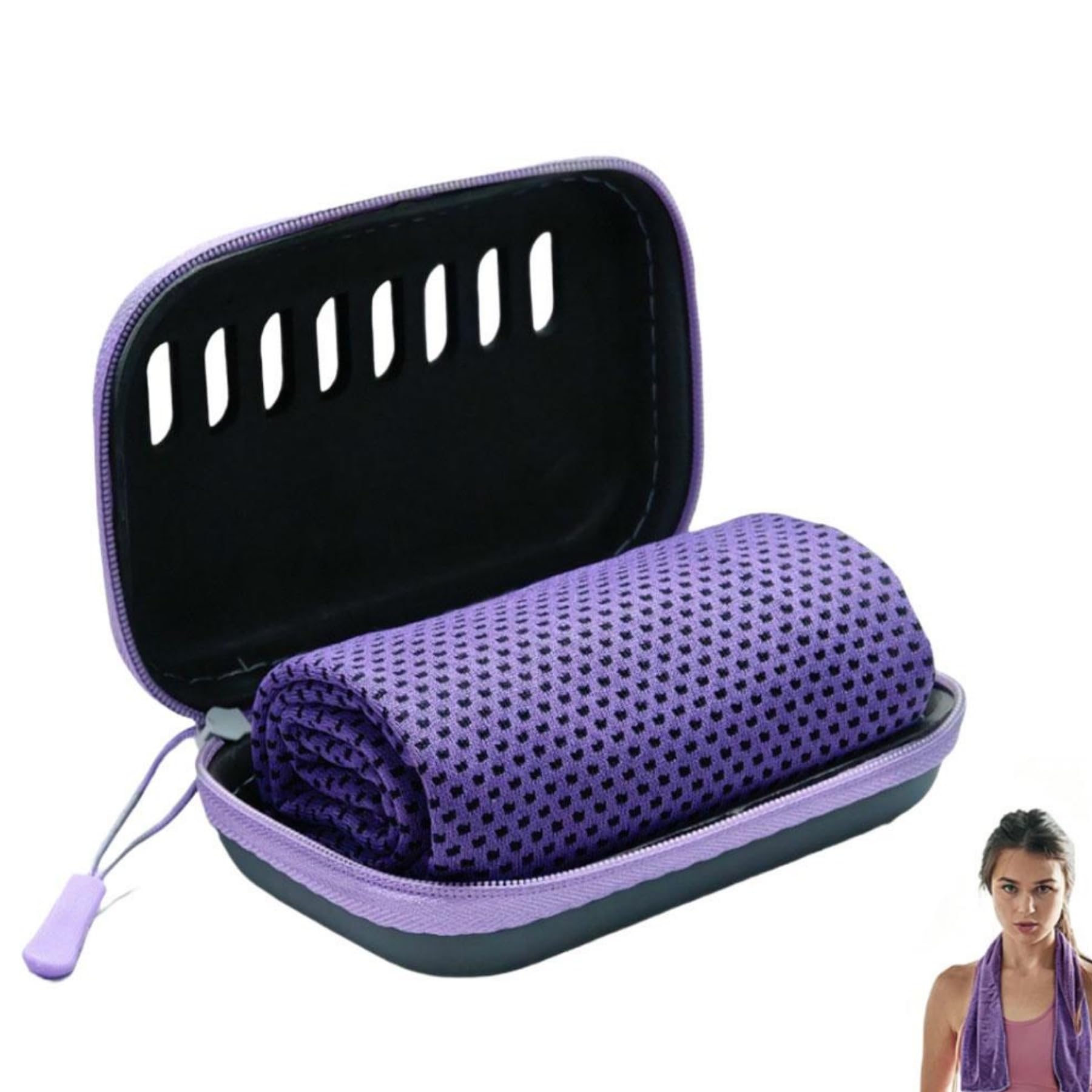 Cooling Towel with EVA Storage Case, 100x30 cm Quick Dry Microfibre Neck Scarf, Breathable Sweat-Absorbing Sports Towel for Gym, Running, Yoga, Hiking & Hot Weather,Purple