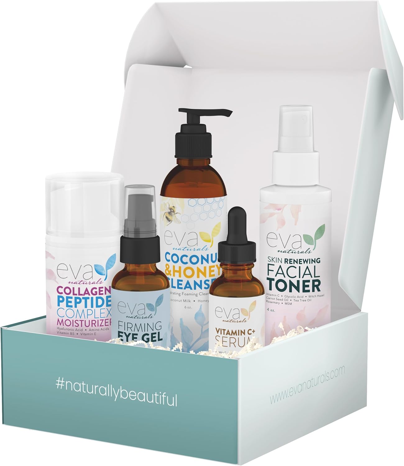 Eva Naturals Rejuvenating Skin Care Set – Exfoliate, Replenish & Moisturize With Vitamin C Plus Serum, Bee Clean Cleanser, Eye Gel, Face Moisturizer & Toner – Perfect Facial Cleanser Bundle