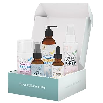 Eva Naturals Rejuvenating Skincare Set 5-in-1 Routine with Cleanser, Toner, Vitamin C Plus Serum, Eye Gel and Collagen Peptide Moisturizer for Face, Anti-Wrinkle, Dark Spots, Acne and Skin Replenish