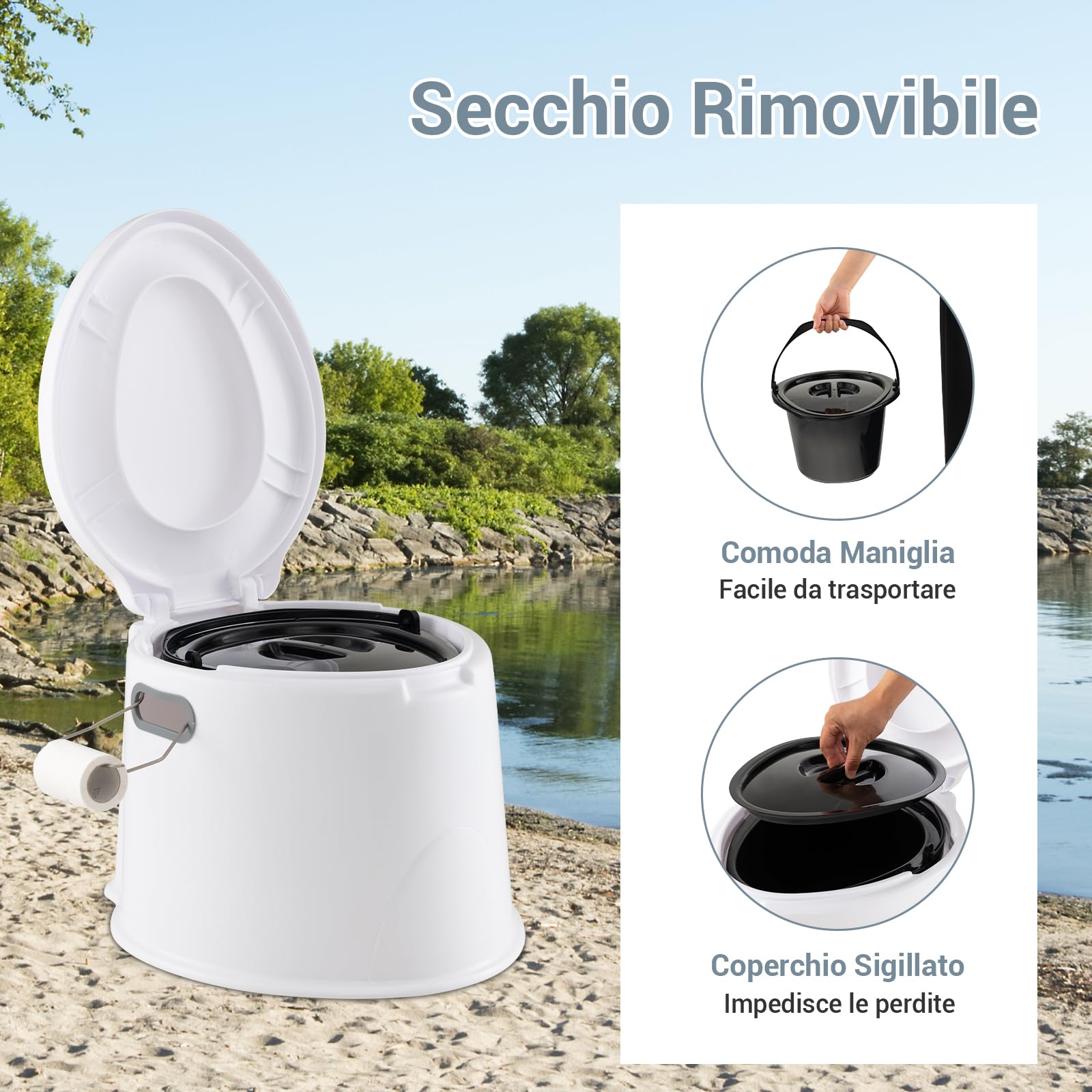 COSTWAY Toilette Portatile WC Chimico, WC da Viaggio Leggero con Secchio Interno Rimovibile,Water Portatile per Adulti e Anziani con Portarotolo, Supporto Carico 200 KG, 41 x 49 x 34 cm (Bianco)
