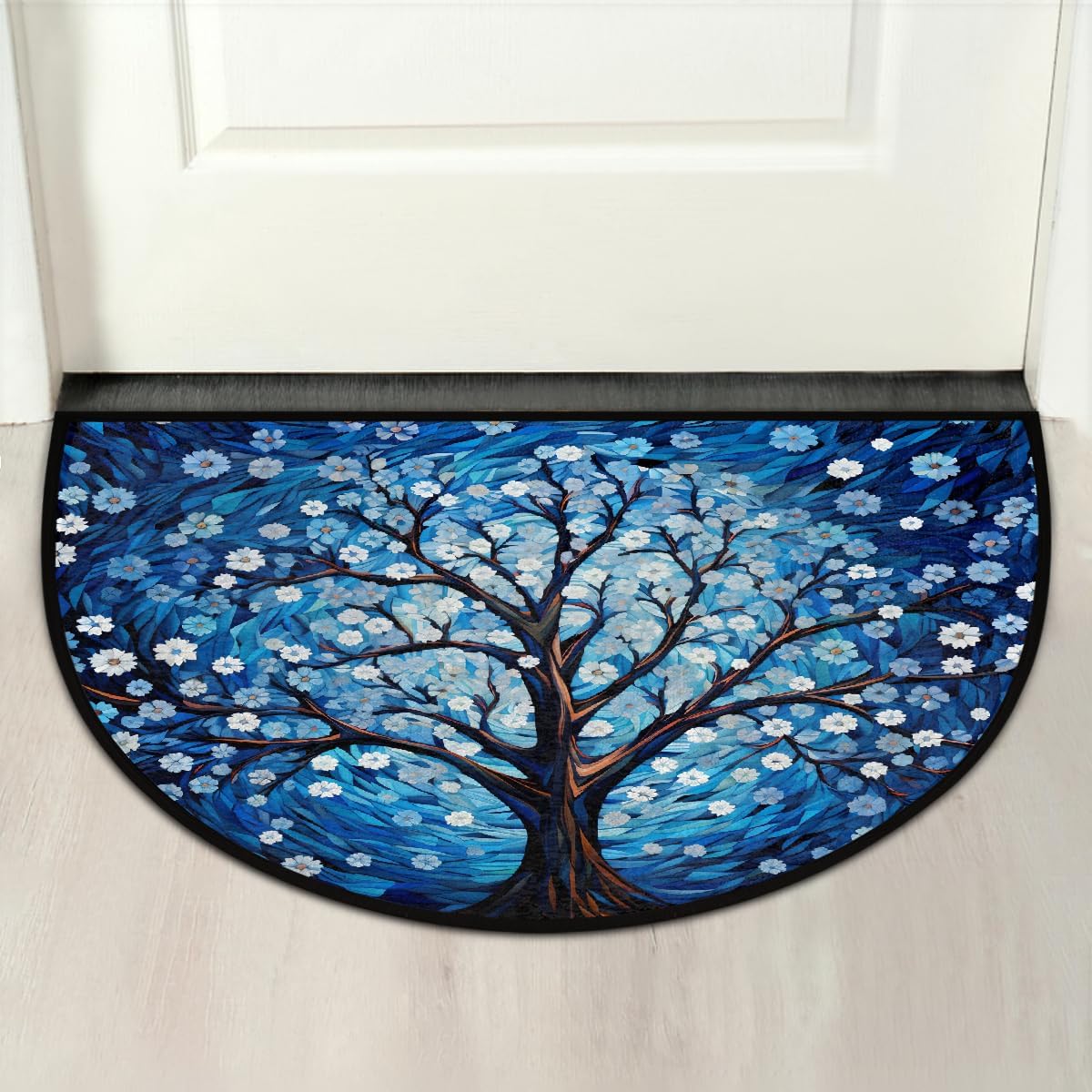 Half Round Door Mat Oil Painting Flower Art Half Moon Rug Washable Half Circle Area Rugs Indoor Entrance Non Slip Semi Circle Bathroom Rugs Floor Carpet for Kithen Bedroom Fireplace Decor