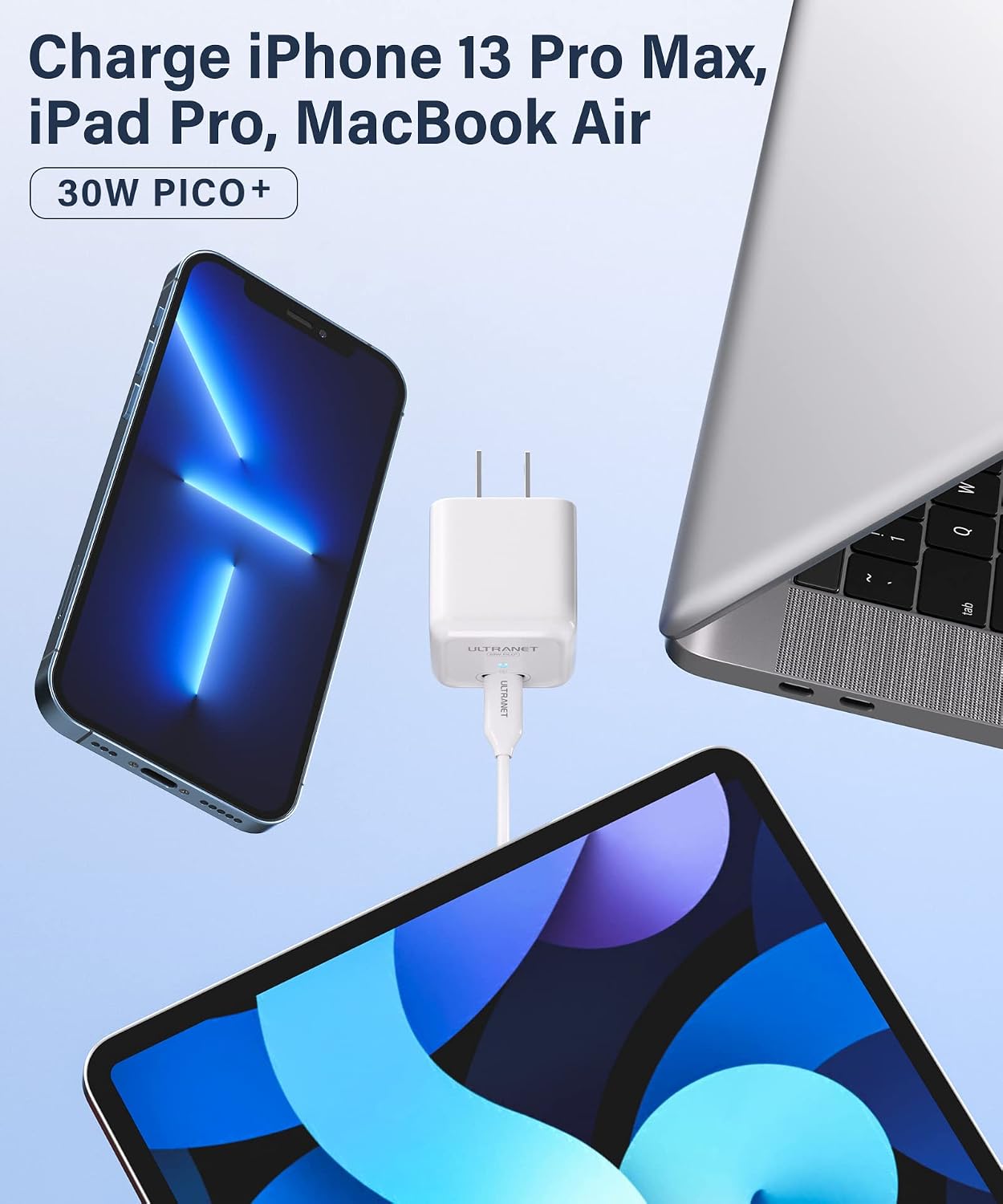 30W USB-C Power Adapter by Ultranet, PD 3.0 PPS GaN USB C Charger Non Foldable for iPhone 13 Pro Max, Samsung S22 Ultra, iPad Pro, MacBook Air & More