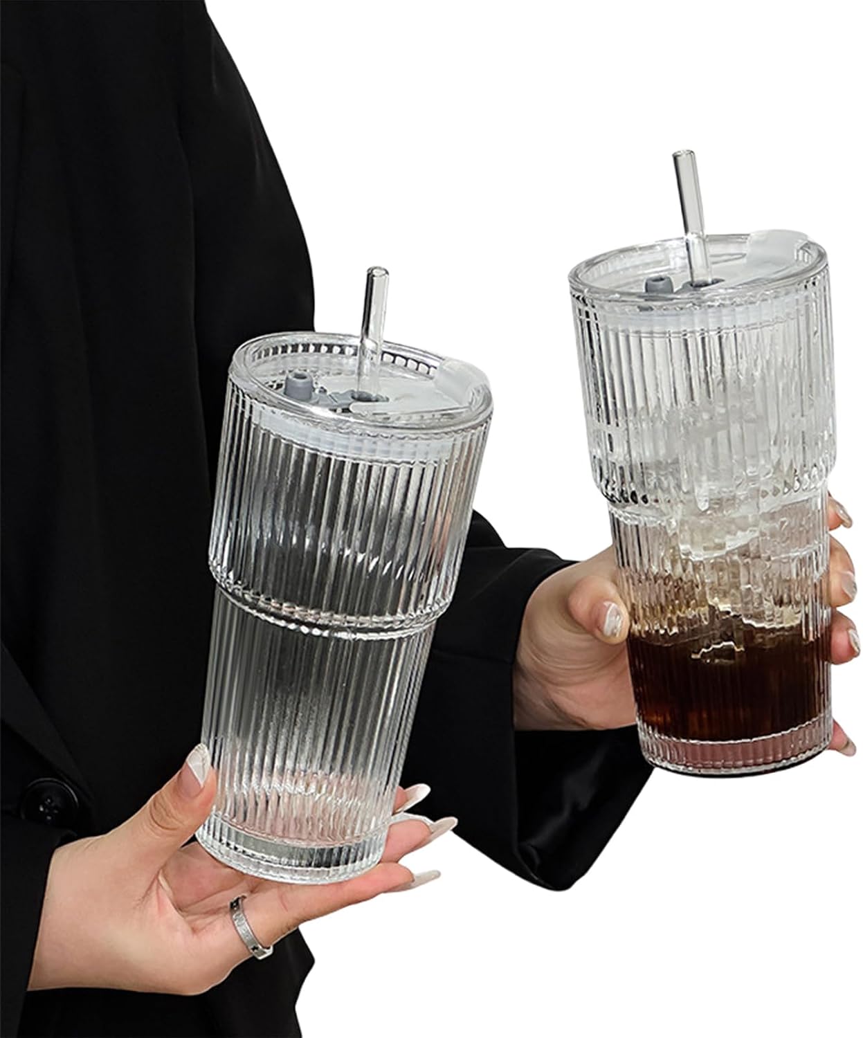 600ml Glass Drinking Glasses with Seal Lid and Straw, Practical Textured Finish Cold Beverage Cups for Coffee Teas Thickened Glass Mugs for Hot and Cold Drink