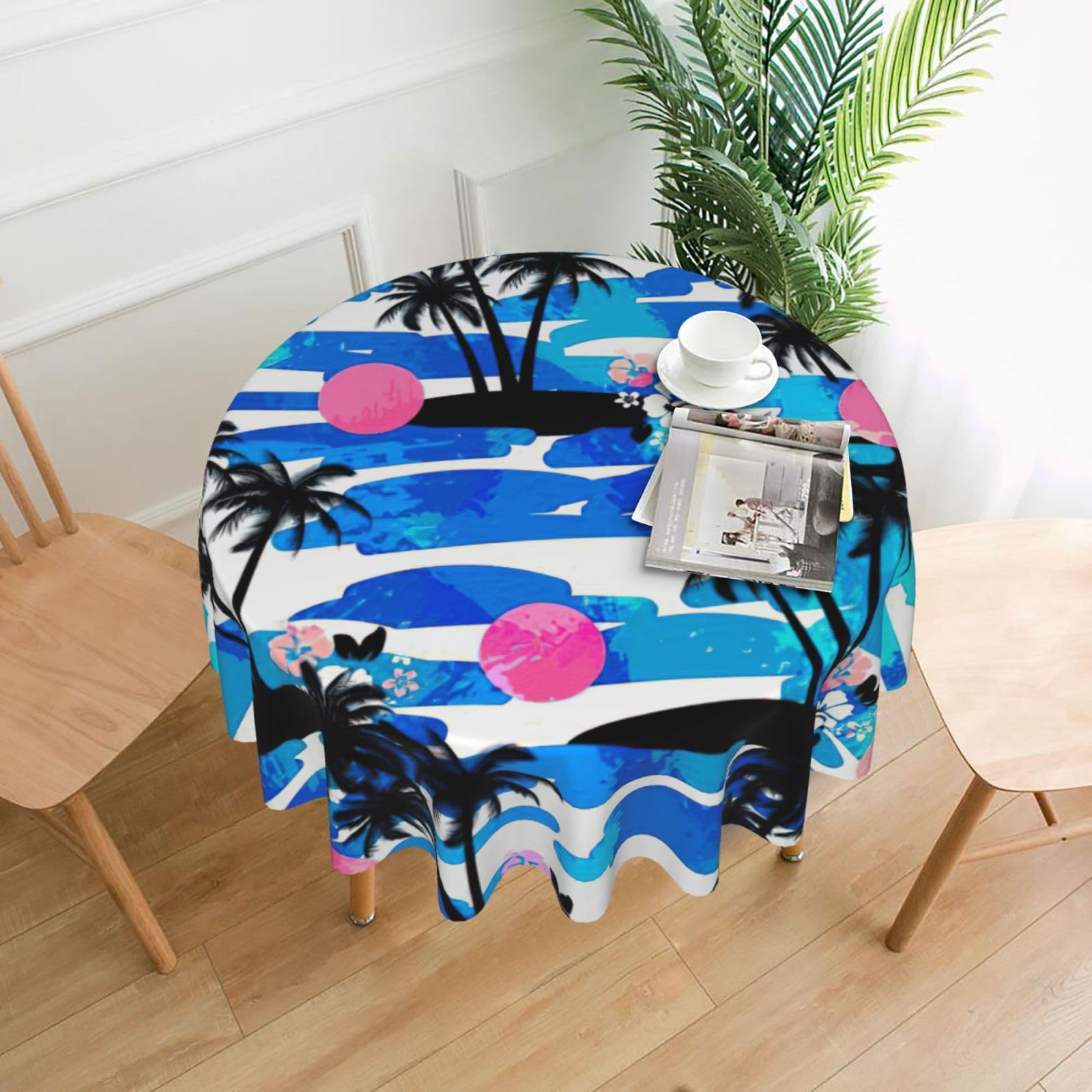 SDEGTHO Palm Tree Print Modern Retro Round Tablecloth 60in Polyester Fabric Cover for Party Dining Table Washable