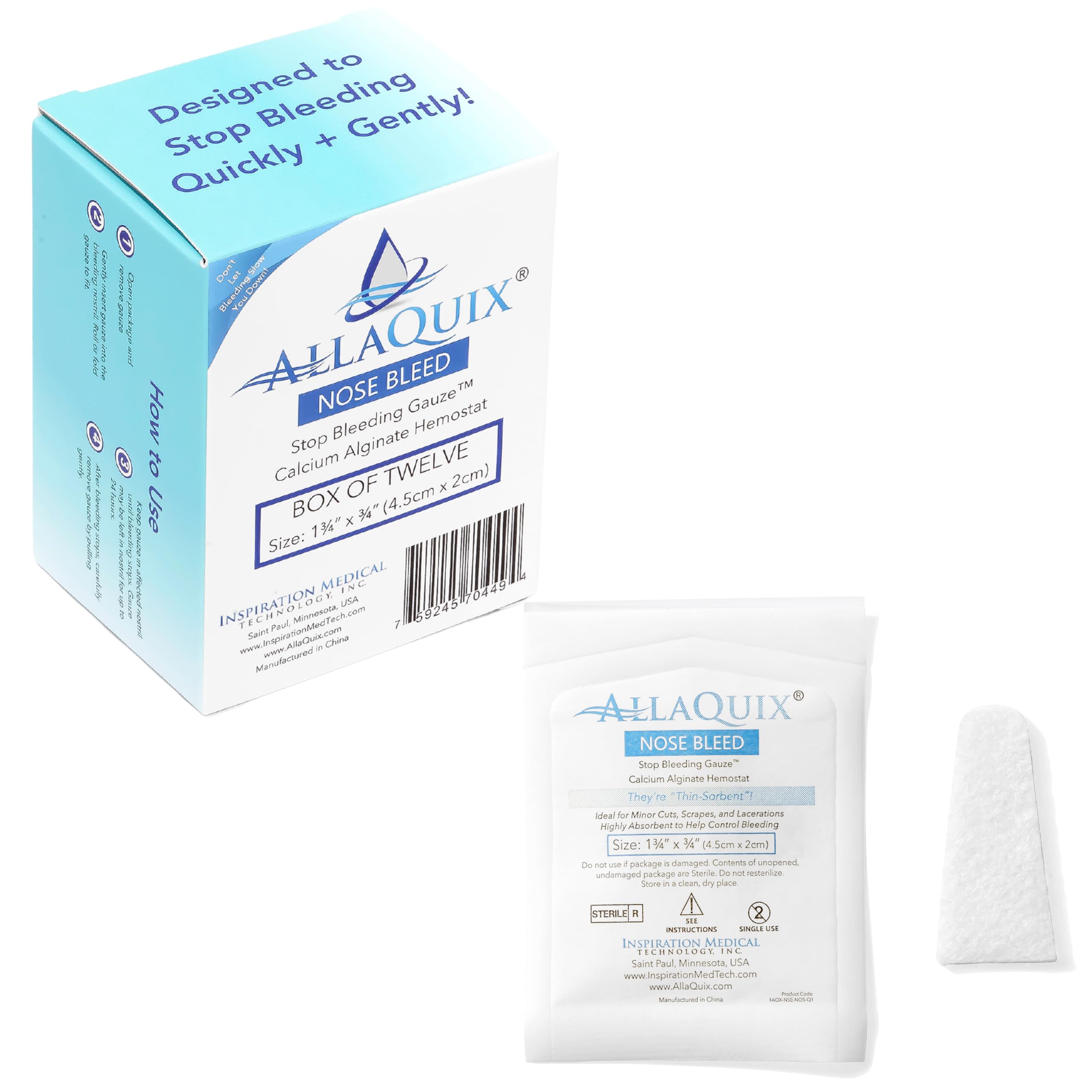 Nose Bleed Stopper – Hemostatic Gauze Plugs Made with Calcium Alginate (Box of 12) – Fast Relief for Nosebleeds | Highly Absorbent, Soft, Sterile, Safe for Blood Thinners