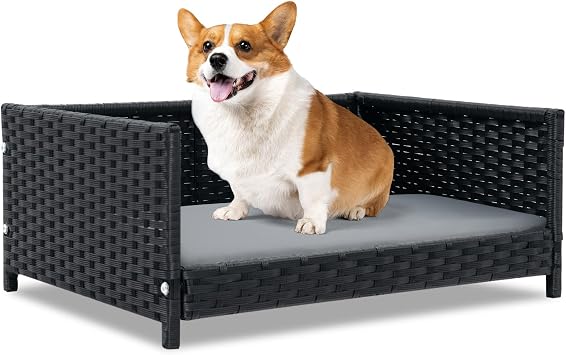 PETSITE Wicker Dog Bed, Rattan Pet Bed with Metal Frame, Soft Waterproof Removable Cushion, Elevated Indoor Outdoor Dog Couch Sofa for Small Medium Sized Dogs, 24.5 x 18 x 10 inch