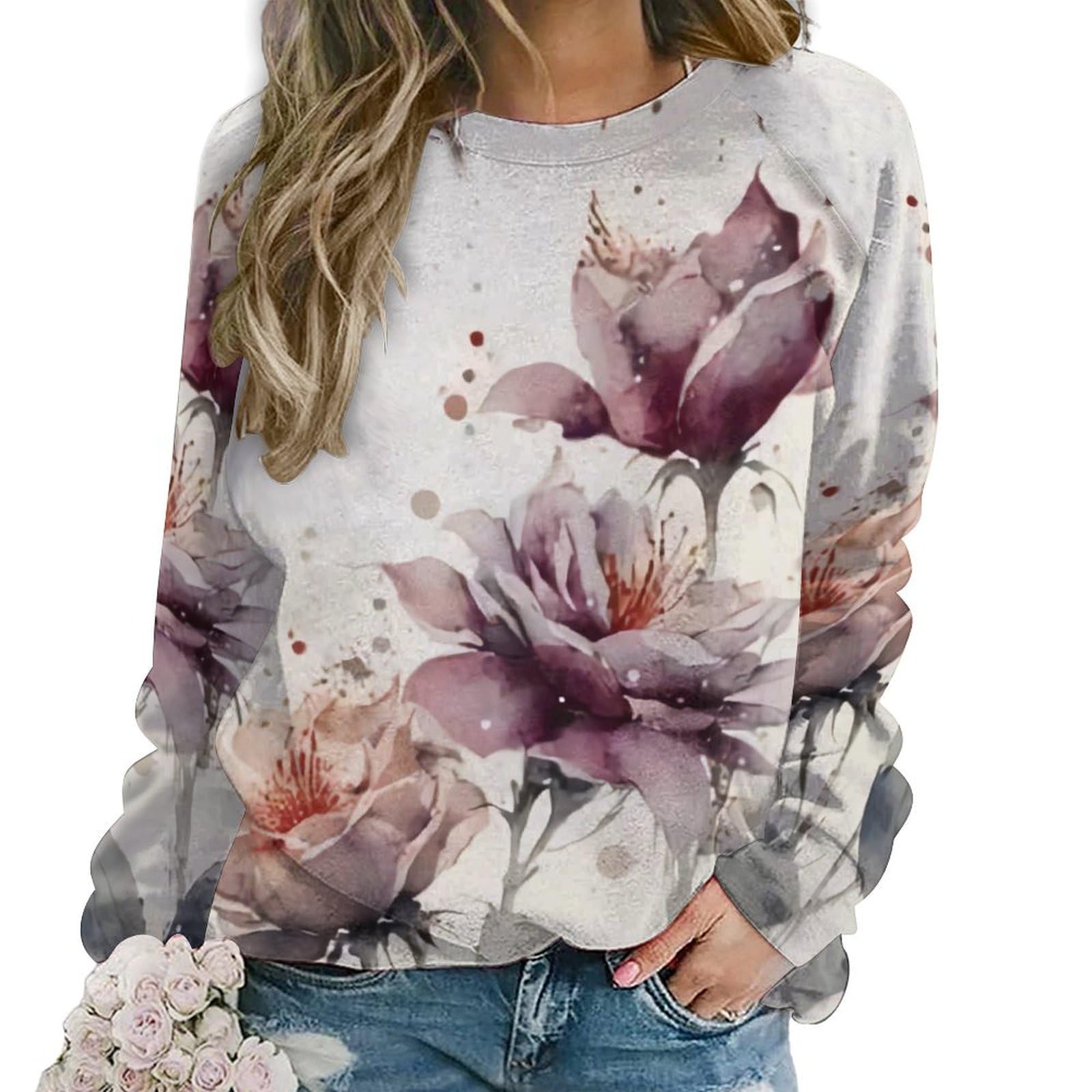 ZOCAVIA Womens Boho Floral Sweatshirts Novelty Graphic Crewneck Long Sleeve Shirts Oversized Fall Casual Flower Pullover Tops