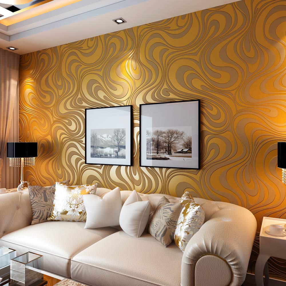 Modern Abstract 3D Curve Non-Woven Flocking Striped for Wallpaper Roll 0.7m(2.29' W) x 8.4m(27.56' L)=5.88㎡(63.11 sq.ft) (Gold)