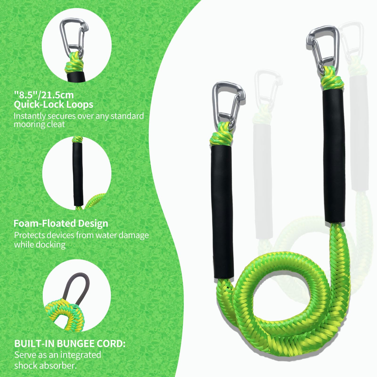 Set di 2 corde elastiche verdi e gialle con doppi ganci e tubi galleggianti, ad alta visibilità, per moto d'acqua, pontone, kayak, da 1,2 m a 1,7 m, acciaio inossidabile 316, ammortizzanti