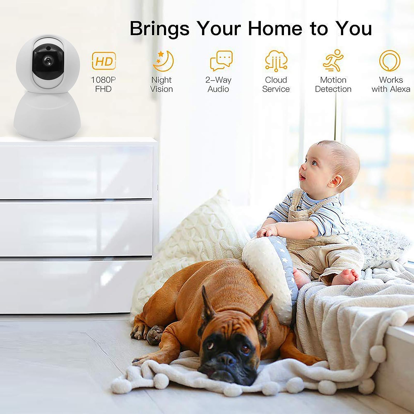 wolf guard Caméra de sécurité WiFi intérieure 1080p, détection de Mouvement, Compatible Alexa et Google Assistant