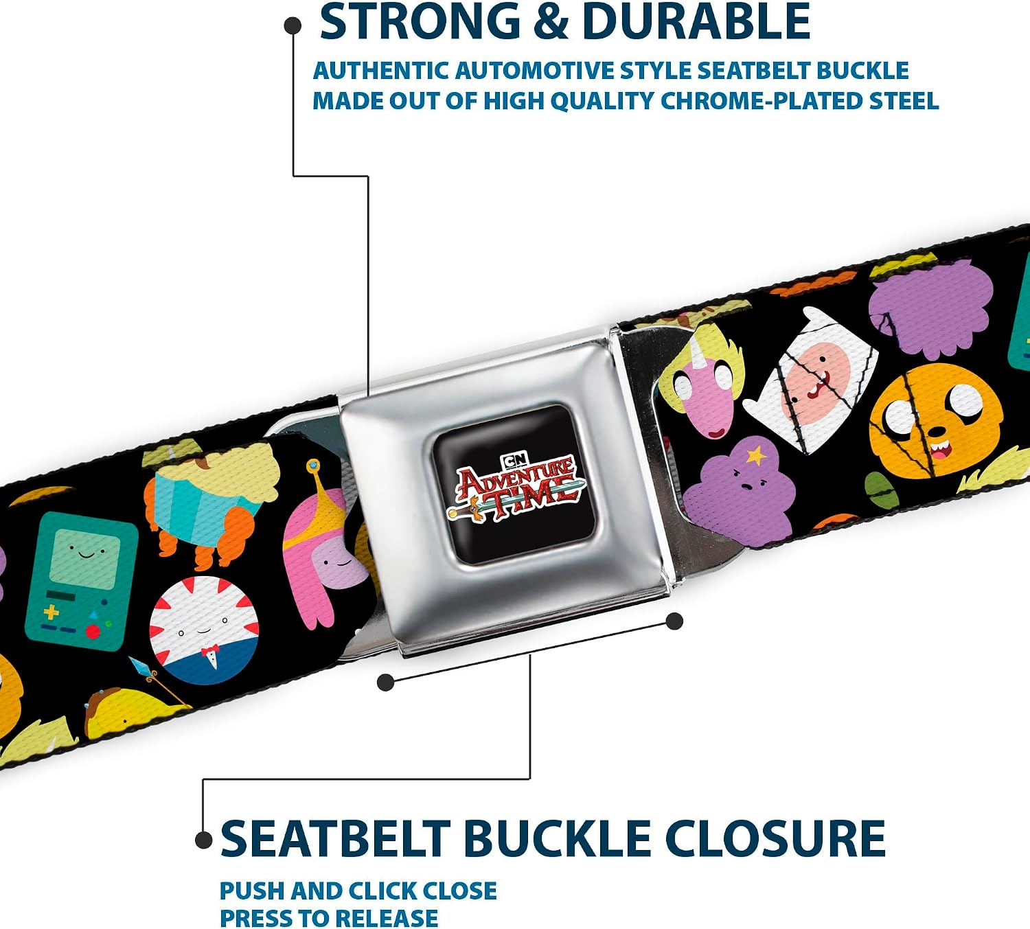 Cartoon Network Belt, Seatbelt Buckle Belt, Adventure Time Character Face Icons Scattered Black, Adjustable