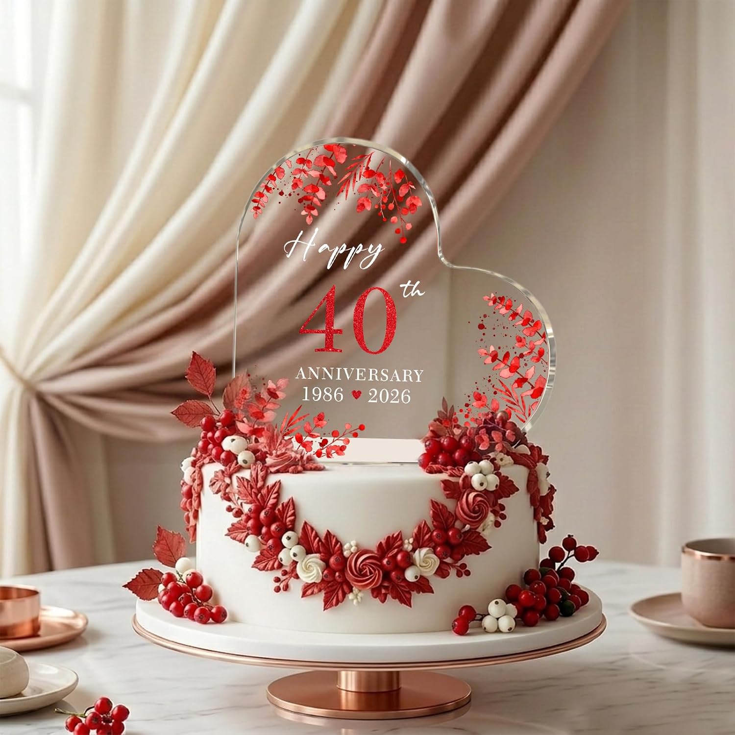 25th Anniversary Cake Topper Acrylic,25 th Anniversary Decorations & Keepsake Gift for Couples（25th Anniversary-Silver Wreath） (Heart-Anniversary, 40th Anniversary) thumbnail