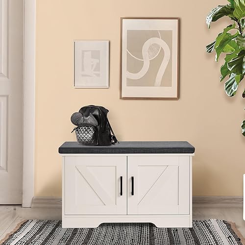 Miniatura 109 de Banco de almacenamiento de 2 niveles, banco de zapatos de 39.4 pulgadas de ancho con cojín de asiento acolchado, banco de entrada con 2 puertas de