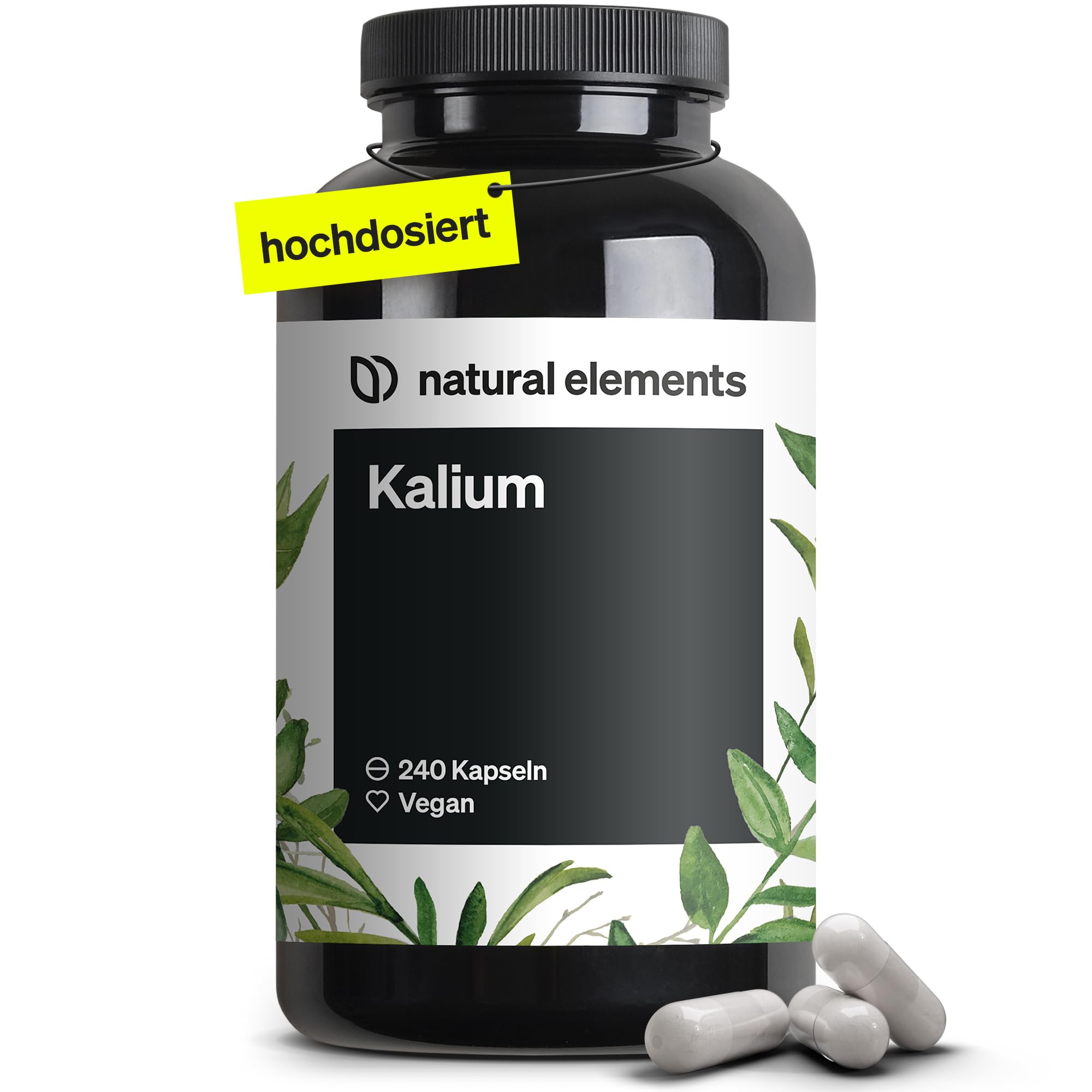 natural elements Kalium – 240 Kapseln mit 800 mg elementarem Kalium (aus Kaliumcitrat) pro Tagesdosis – für Blutdruck, Muskelfunktion & Nervensystem – vegan, hochdosiert, ohne Zusätze