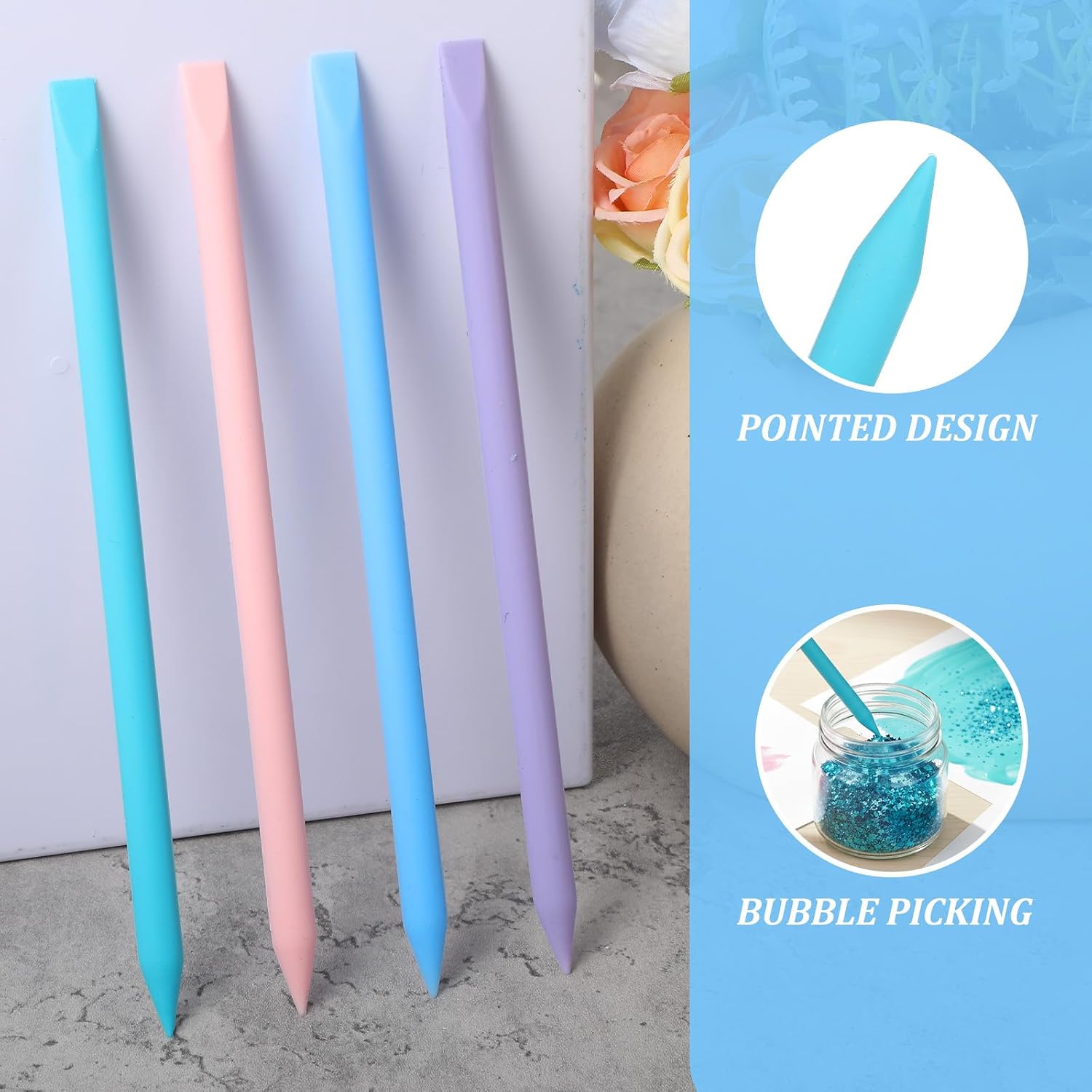 4PCS Silicone Stir Sticks, Reusable Pointed Mixing Sticks for Epoxy Resin, Paint, Making Glitter Tumblers Cups, Arts, Crafts, Facial Mask Stirring Rods, 4 Colors