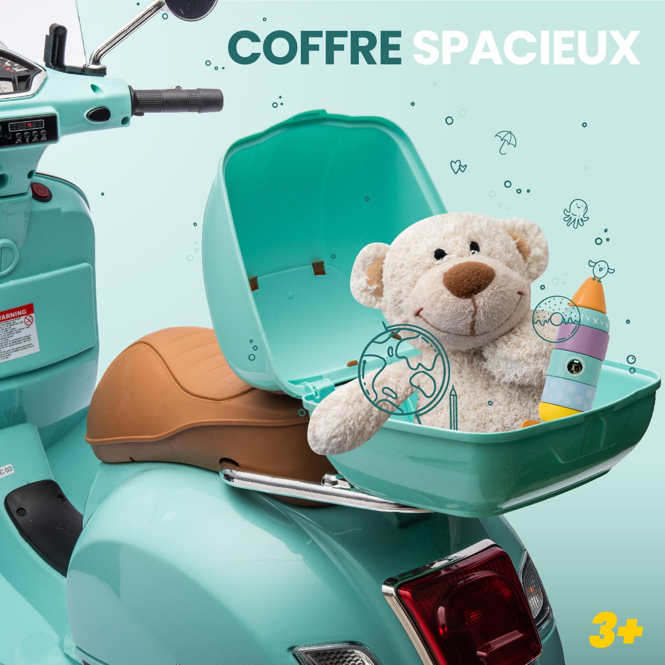 Vespa Scooter Moto électrique pour Enfants avec Roues et siège en Plastique, Coffre, Lecteur MP3, Prise AUX MicroSD USD (Turquoise)