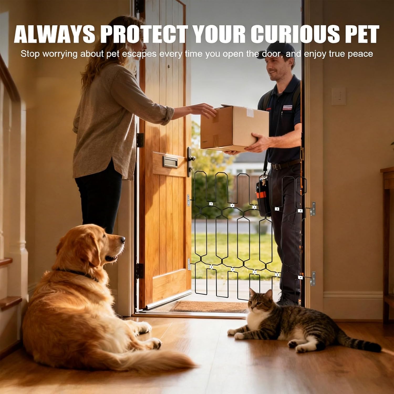 Metal Retractable Dog Gate Heighten Foldable Space Saving Front Door Barrier Secure Management Entry Dog Door Barrier with Sturdy Iron Structure for Bedrooms Kitchens Rvs