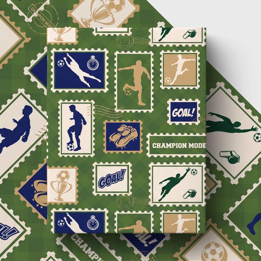 GleeWrap Football Wrapping Paper, 4 Sheets Football Birthday Gift Wrap, Green Sports Gift Wrapping Paper for Boys, Kids, Teenagers & Football Fans, 50 x 70 cm