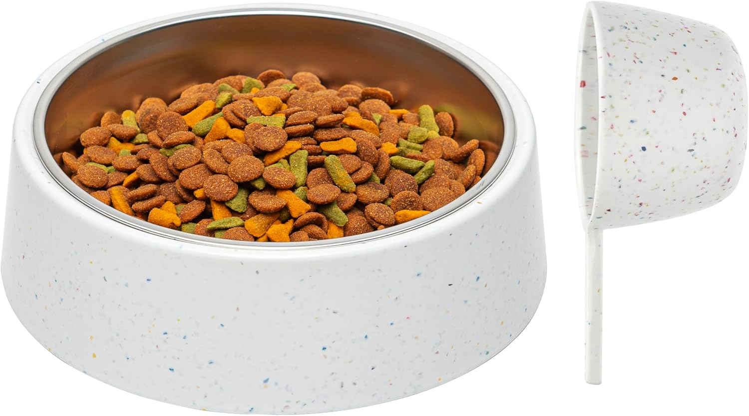 Bzyoo Pet Bowl for Small Dogs & Cats, Stylish Sprinkle Design, Elevated, (White w/Scoop, 4 Cups w/Scoop)