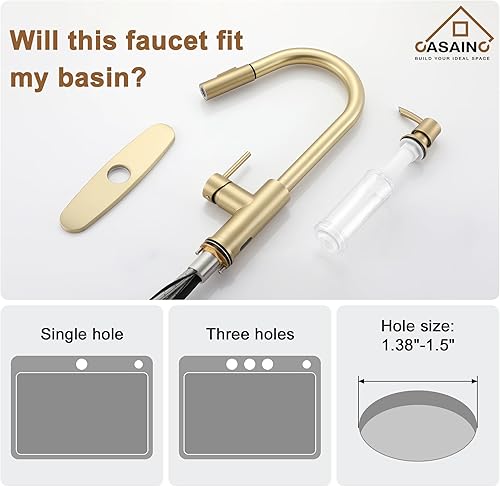 Miniatura 7 de CASAINC Grifo de cocina con rociador extraíble, oro cepillado, 1.8 GPM, 16.89 pulgadas de alto, con sensor de movimiento sin contacto, grifo de