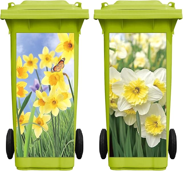 2 Sheets Wheelie Bin Stickers Flowers Self-Adhesive Dustbin Sticker Decorative Sticker Decal for House Decoration, Fridge Bins Wall, Indoor Outdoor, 15.74 x 32.28 Inch (Daffodils Style)