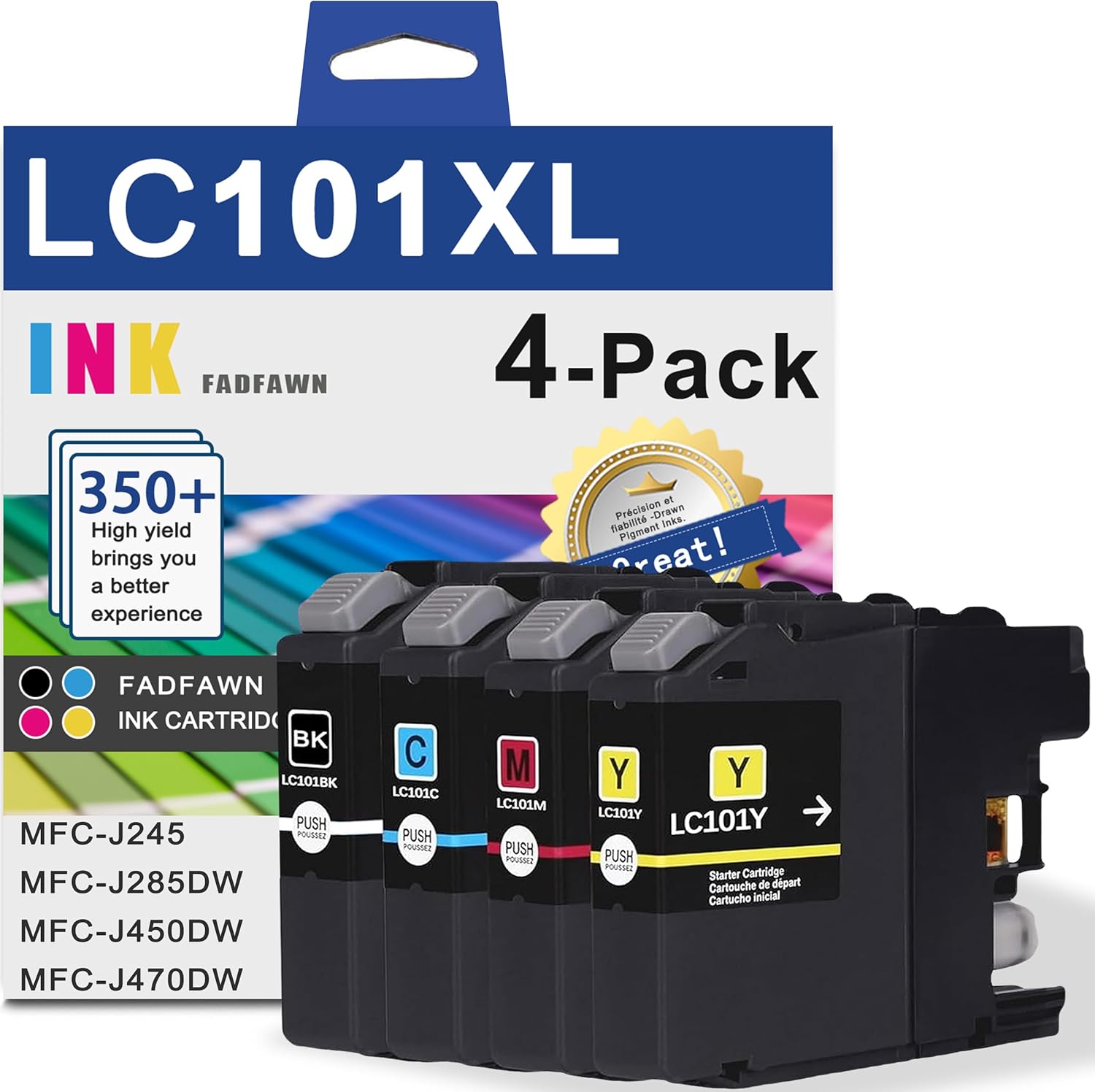 LC101XL LC101 High Yield Ink Cartridges - Replacement for Brother LC101 LC103 LC103XL Work for MFC-J245 MFC-J285DW MFC-J450DW MFC-J470DW Printer (1Black 1Cyan 1Magenta 1Yellow, 4 Pack)