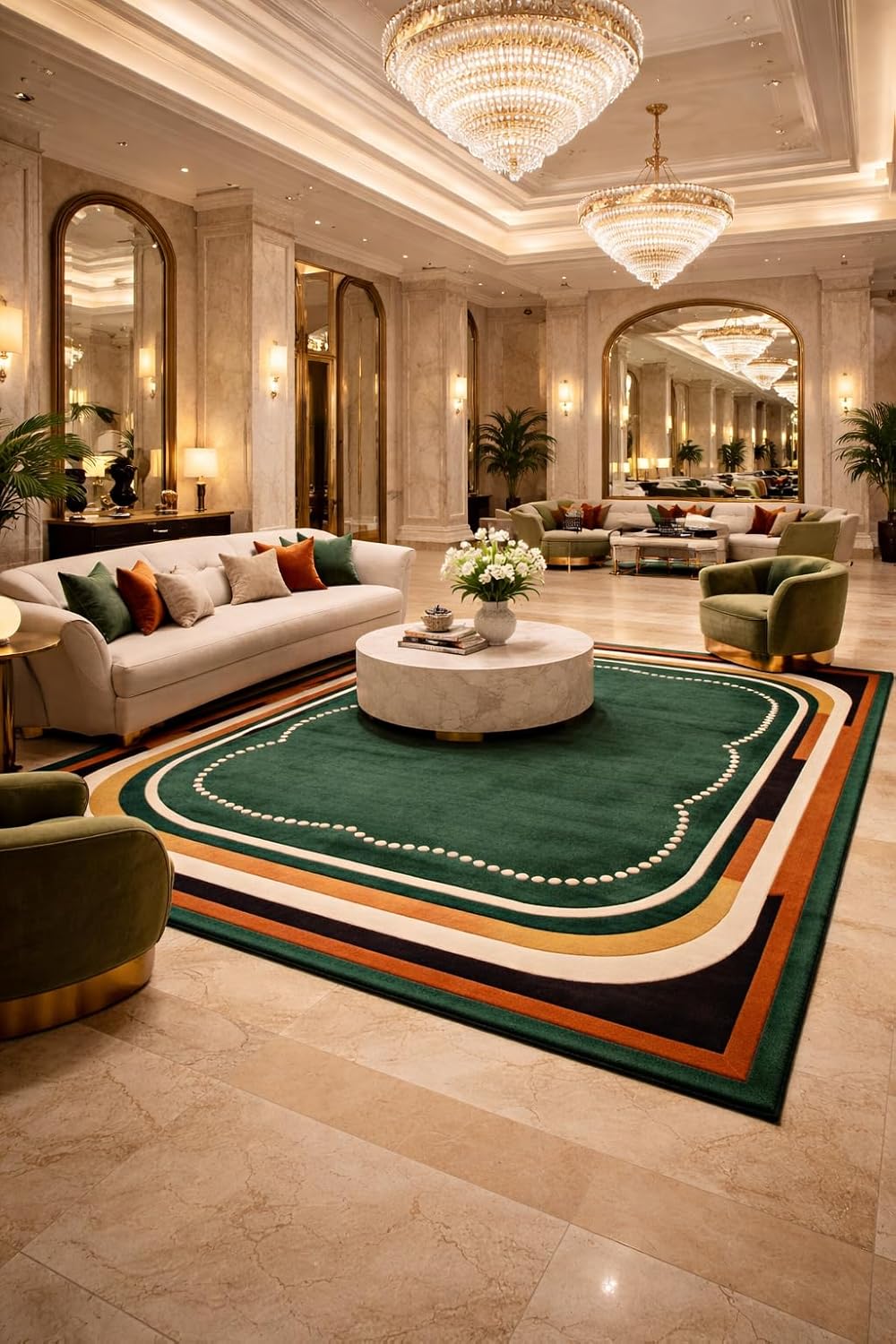 Modern Geometric Area Rug, Green with Orange and Cream Border, Dotted Pattern, Contemporary Design (11 * 12 feet)