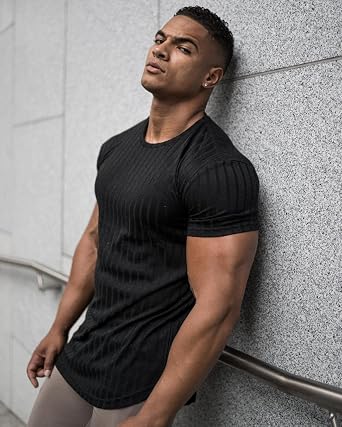 URRU Men's Muscle T Shirts Stretch Short Sleeve Bodybuilding Workout Casual Slim Fit Tee Shirts
