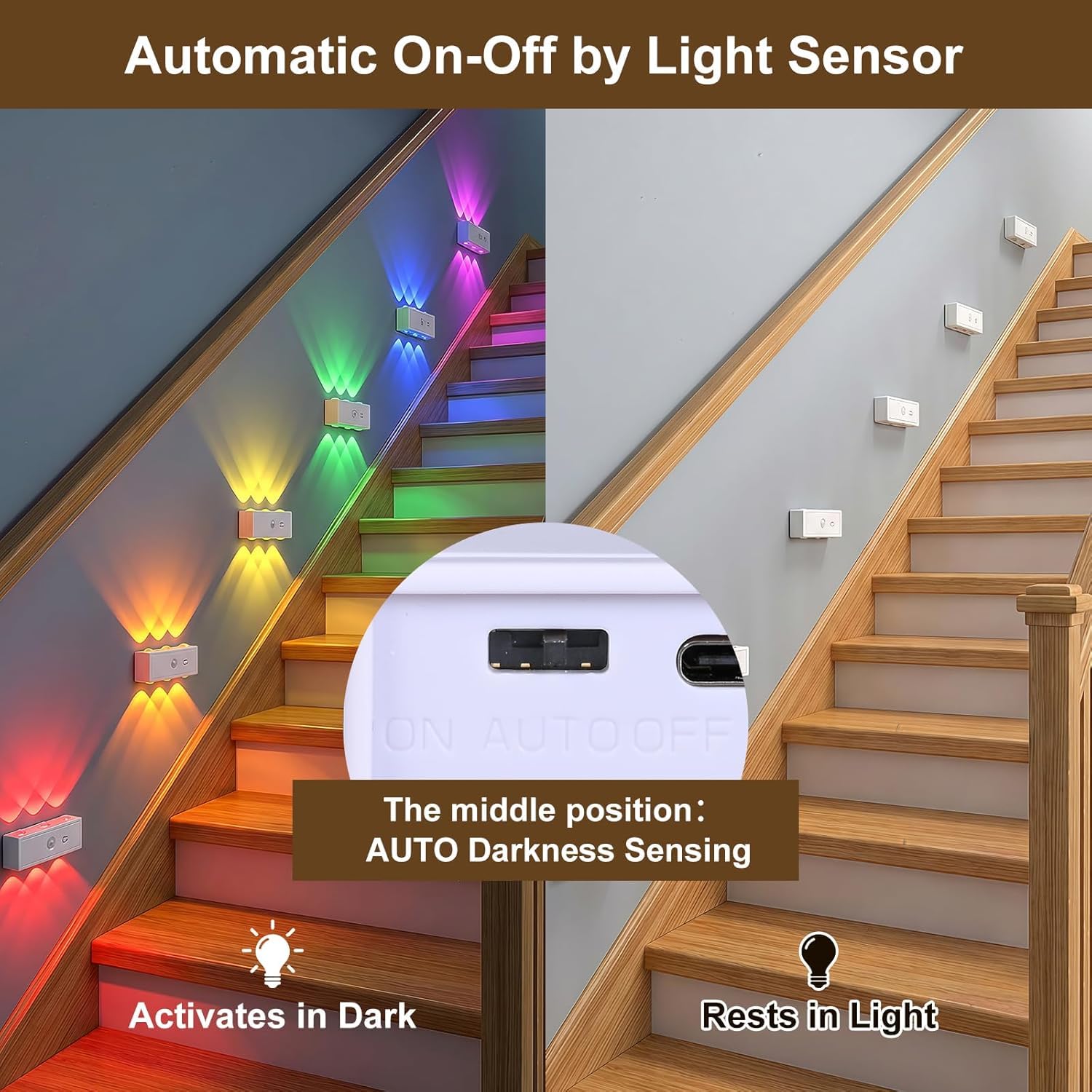 4 luci notturne ricaricabili con sensore di movimento RGB + LED dimmerabili per scale, senza fili con 3 modalità (Auto/ON/OFF) luci notturne per bambini per camera da letto corridoio cameretta cucina