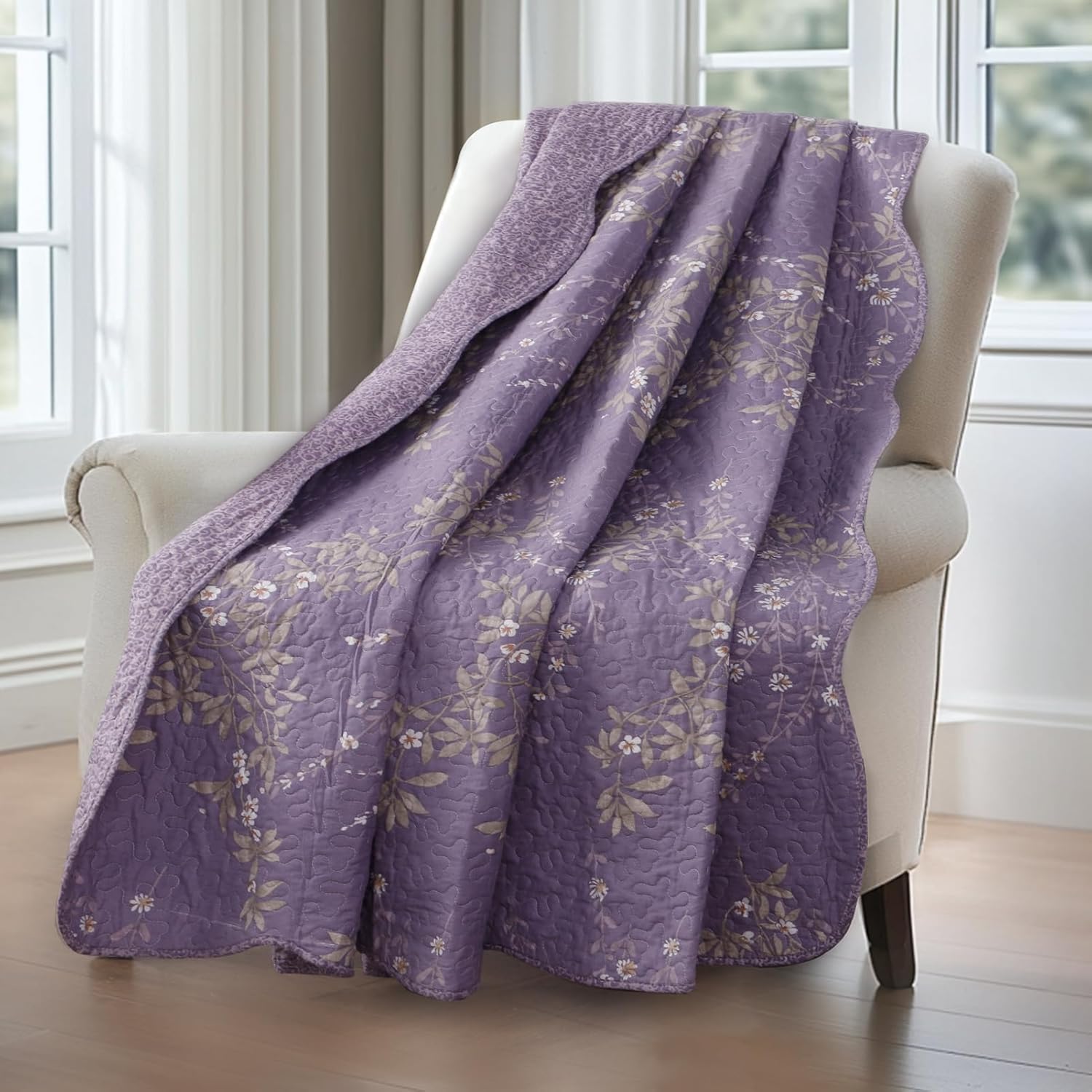 GOONE Twin Quilt Set 68"x86", Purple Floral Bedspread Country-Chic Quilted Bedding Set, Lightweight Washed Coverlet, Reversible Spring & Summer Quilt Set, Quilt Twin Size with 1 Pillow Sham | Country-Chic, Quilted Bedding, Lightweight Washed, Reversible, Spring & Summer, 1 Pillow Sham