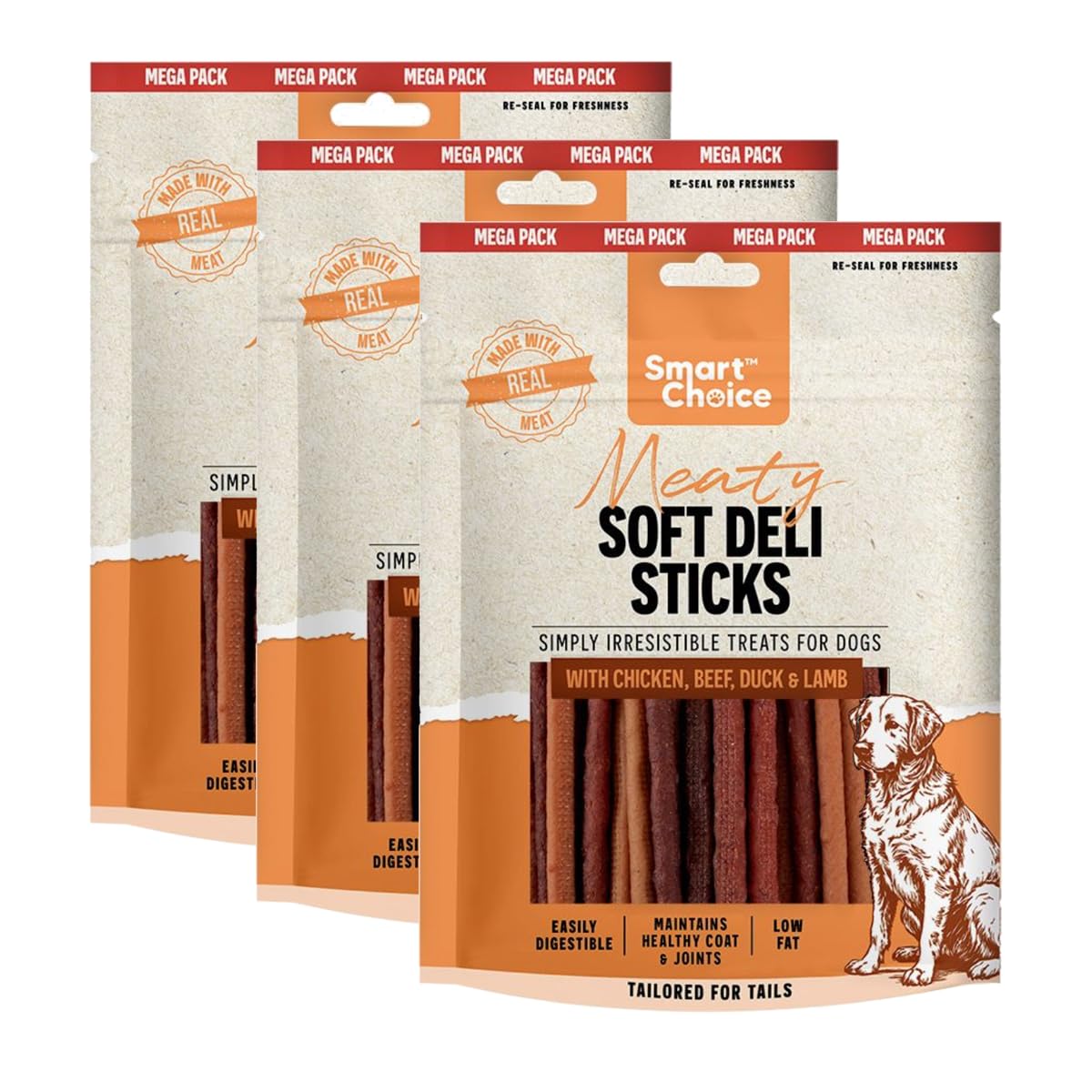 Set of 3 Meaty Soft Deli Stick Dog Treats with Chicken Beef Duck & Lamb, Low Fat Real Meat Training Rewards, Easy Digest Chews for Healthy Coat & Joints, 300g Resealable Packet - Mega Pack