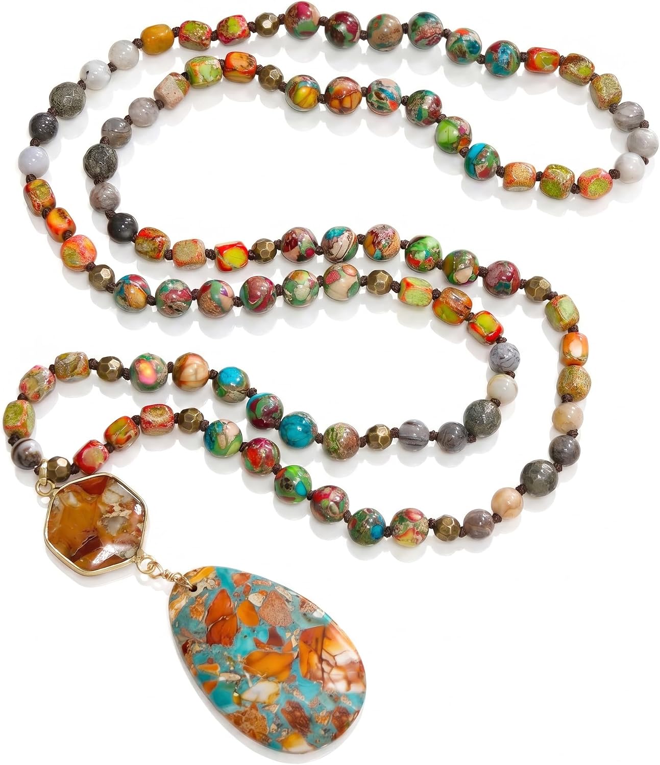Gmai Boho Necklace for Women Long Beaded Pendant Necklace Natural Stone Teardrop pendant Jewelry Festival Vacation Gift Everyday Handmade Unique Statement Necklace