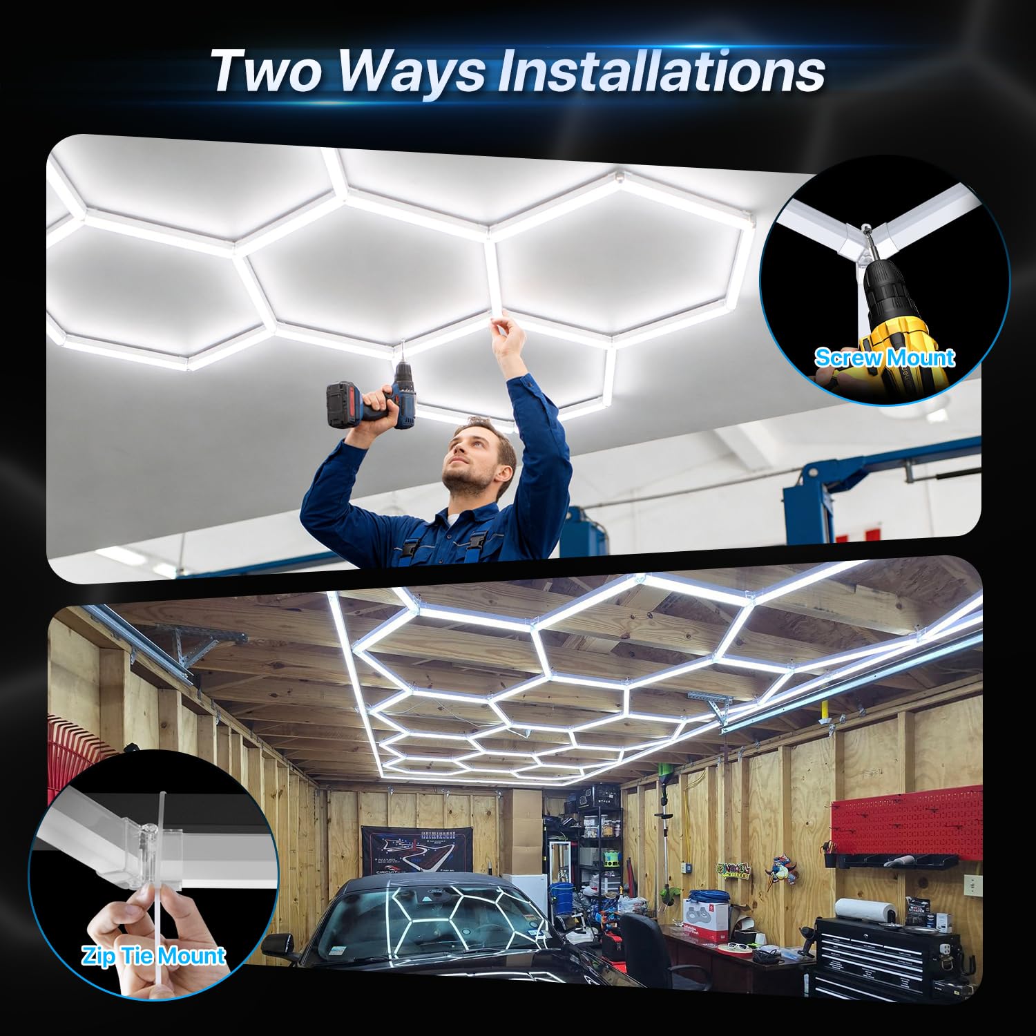 HYPERLITE Gen II Hexagon Garage Lights: 77W 7700LM 2 Grids DIY