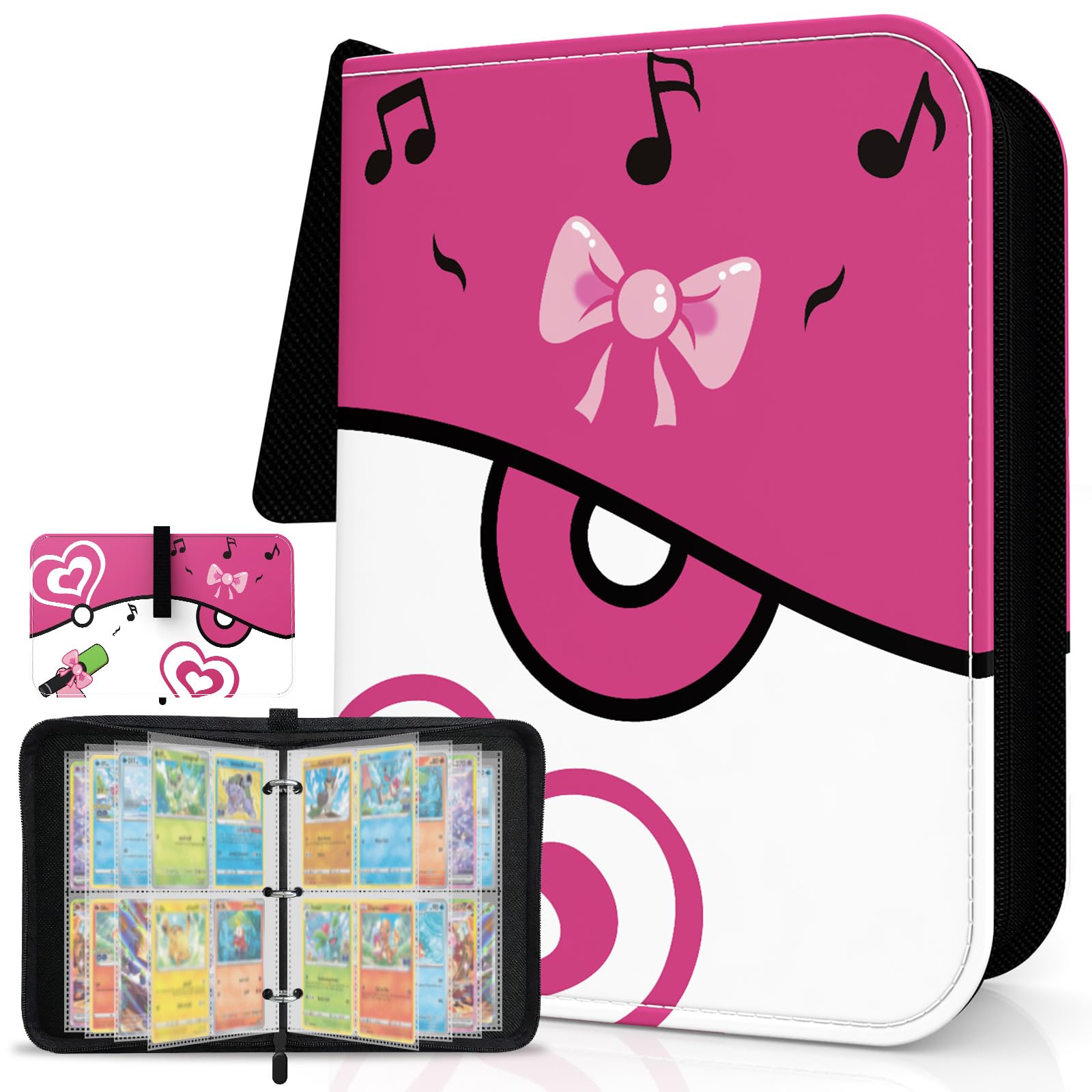 Cute Pink 4 Pocket Trading Card Binder with Zipper and Wrist Strap, Holds 400 Cards, 50 Removable Double-Sided Sleeves, Collectible Card Album Portfolio for Girls
