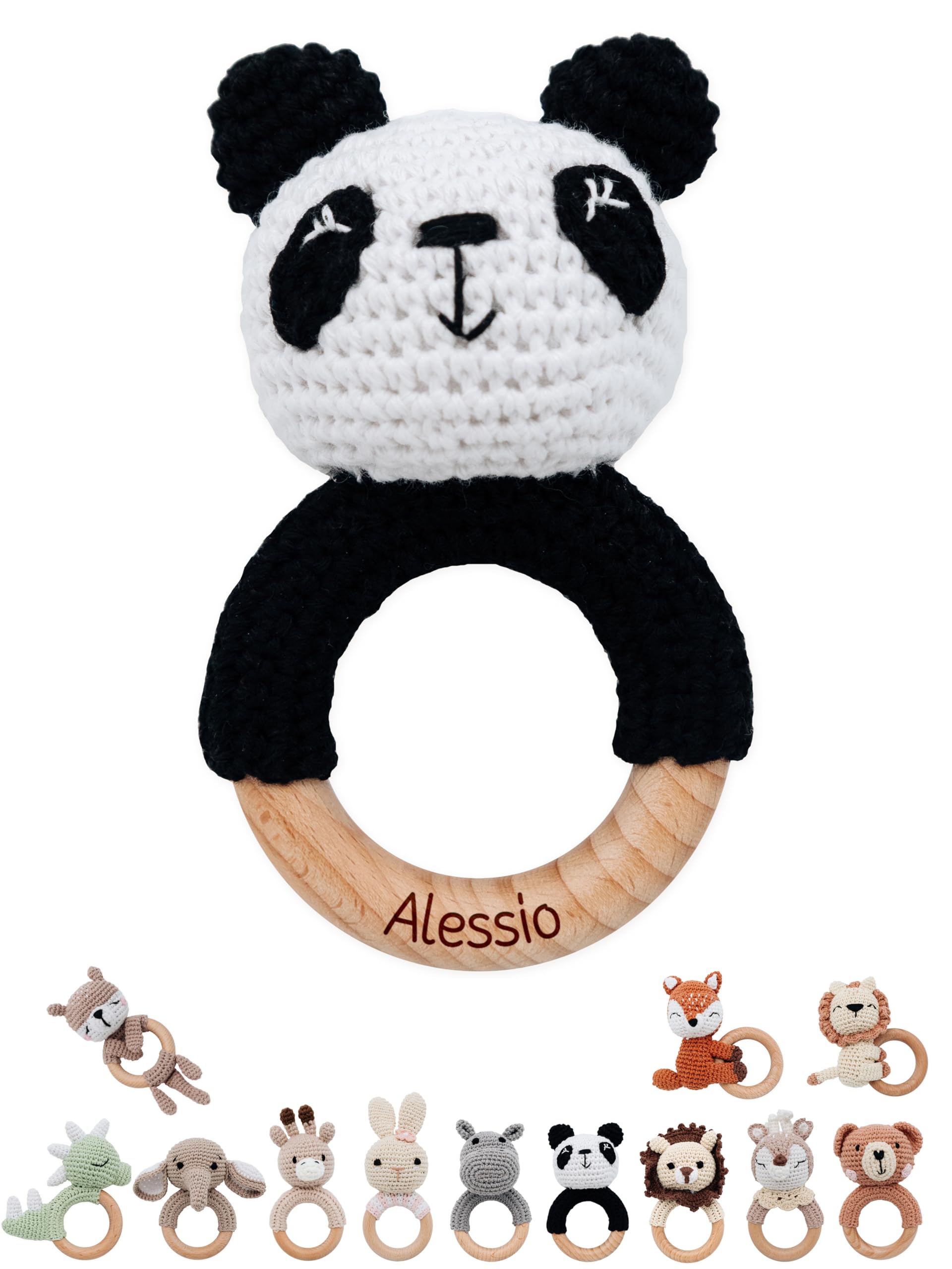 wunderwunsch® - Personalisierter Beißring Baby - Niedlicher Greifling für Baby's ab 0 Monate - Babyrassel mit Name als Baby Geschenk für Mädchen und Jungen (Panda,ohne Name)