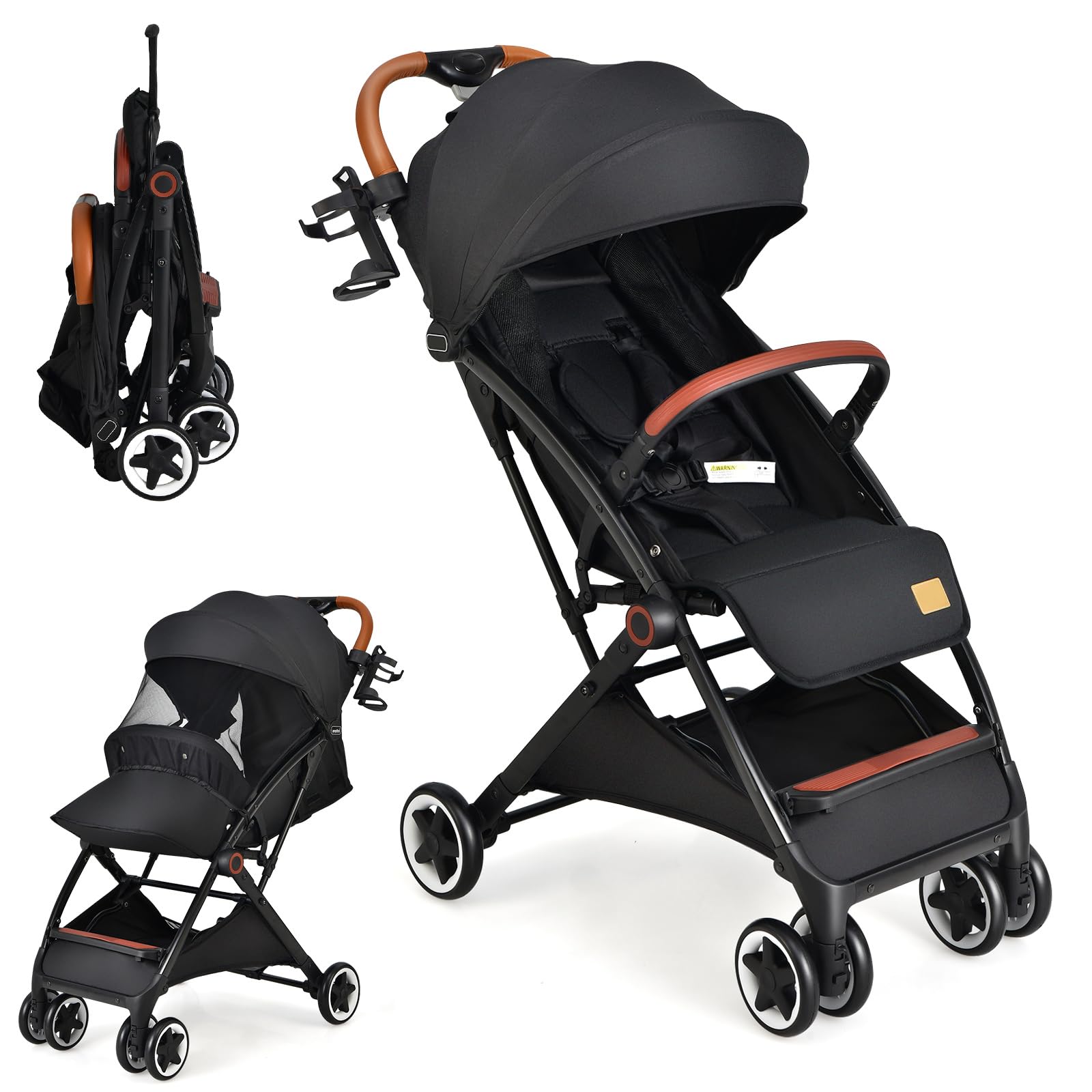 COSTWAY Poussette Canne Bébé 0-3 Ans(Charge 15 kg) avec Dossier & Auvent Réglables, Poussette Compact et Légère avec Moustiquaire & Roues avec Frein, Pliable à une Main, Rangement Inférieur(Noir)