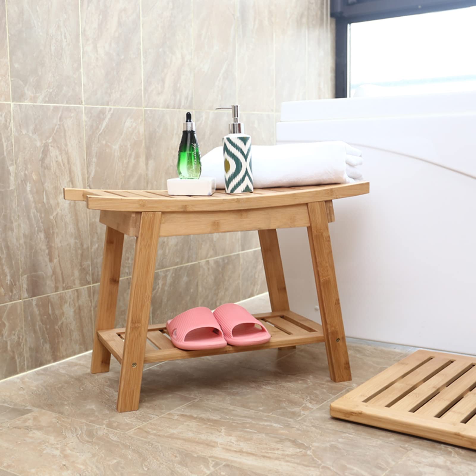 en Bois Tabouret De Salle De Bain Antidérapant 2 Niveaux Tabouret en Bois Massif Tabouret De Douche Baignoire Banc De Douche Spa Tabouret en Bambou avec Étagère De Rangement