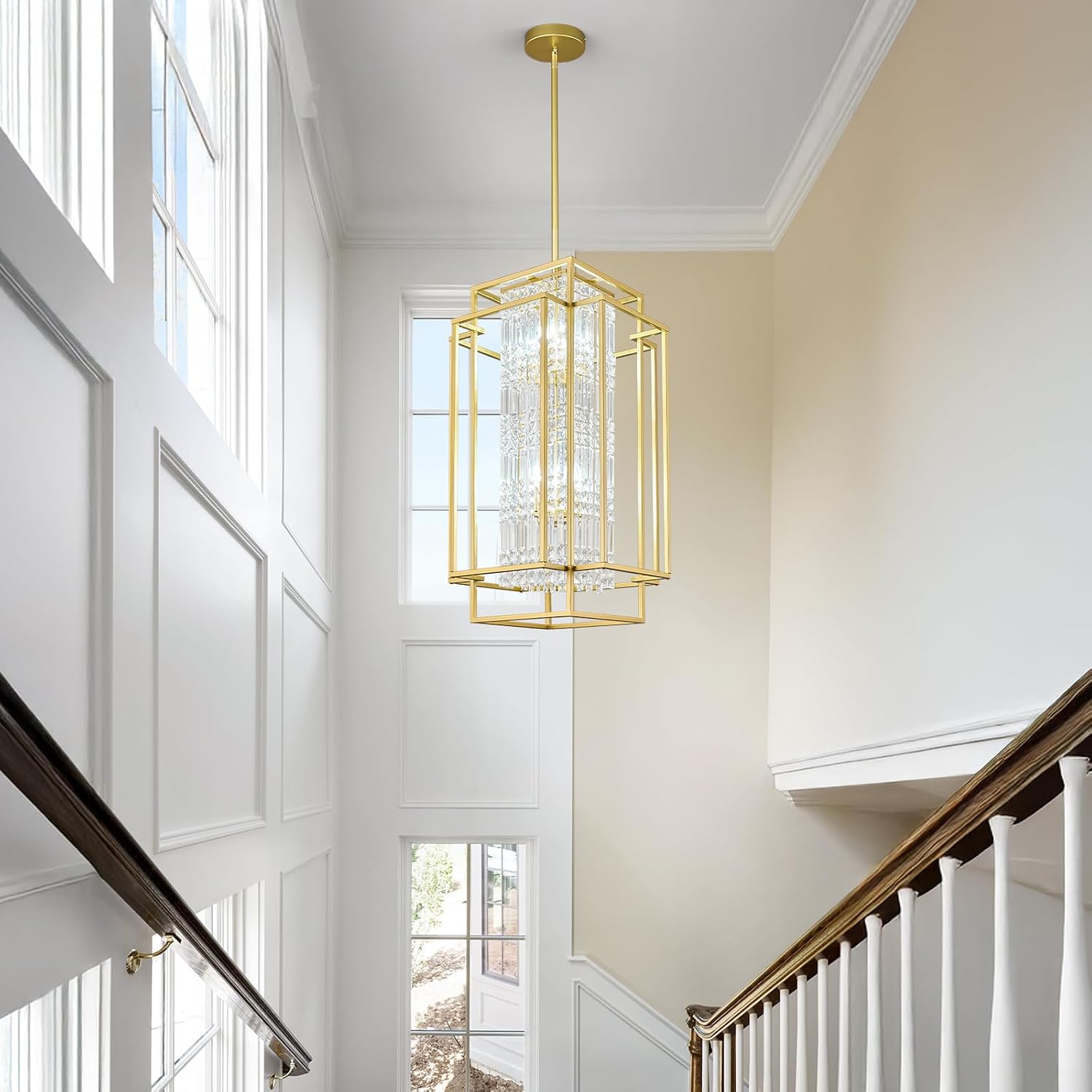 Farmhouse Rustic Rectangle Chandelier Gold Metal Decorative Crystal Pendant Light Antique Ceiling Lamp for Dining Room, Living Room, Bedroom, Kitchen Island and Foyer