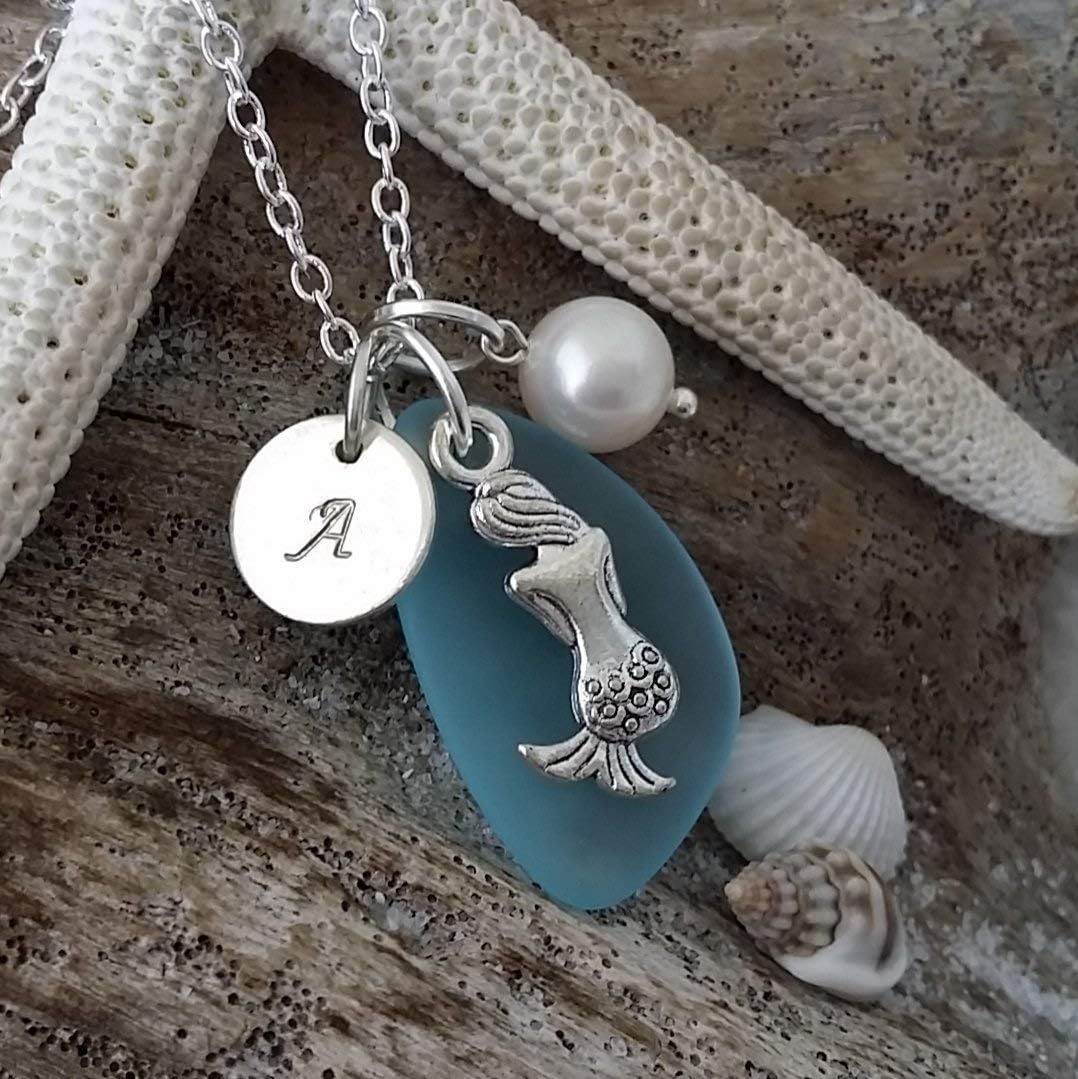 YInahawaii Handmade Personalized Turquoise bay blue sea glass necklace, mermaid charm, Natural pearl, "December Birthstone ",(Hawaii Gift Wrapped, Customizable Gift Message) - Image 5