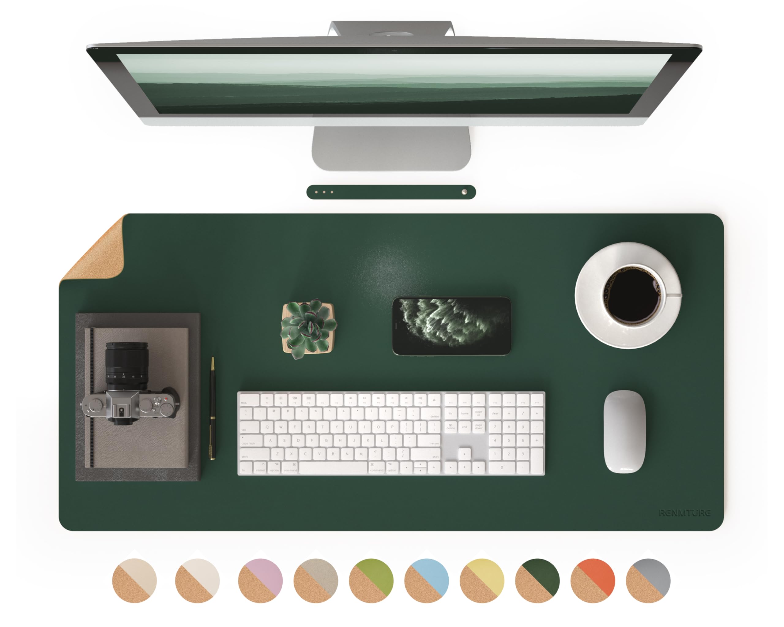 RENMTUREDual-Sided Large Desk Pad, Faux Leather Natural Cork Mouse pad, Desk Accessories Protector, for Office and Home Work (Deep Green,36"x17")