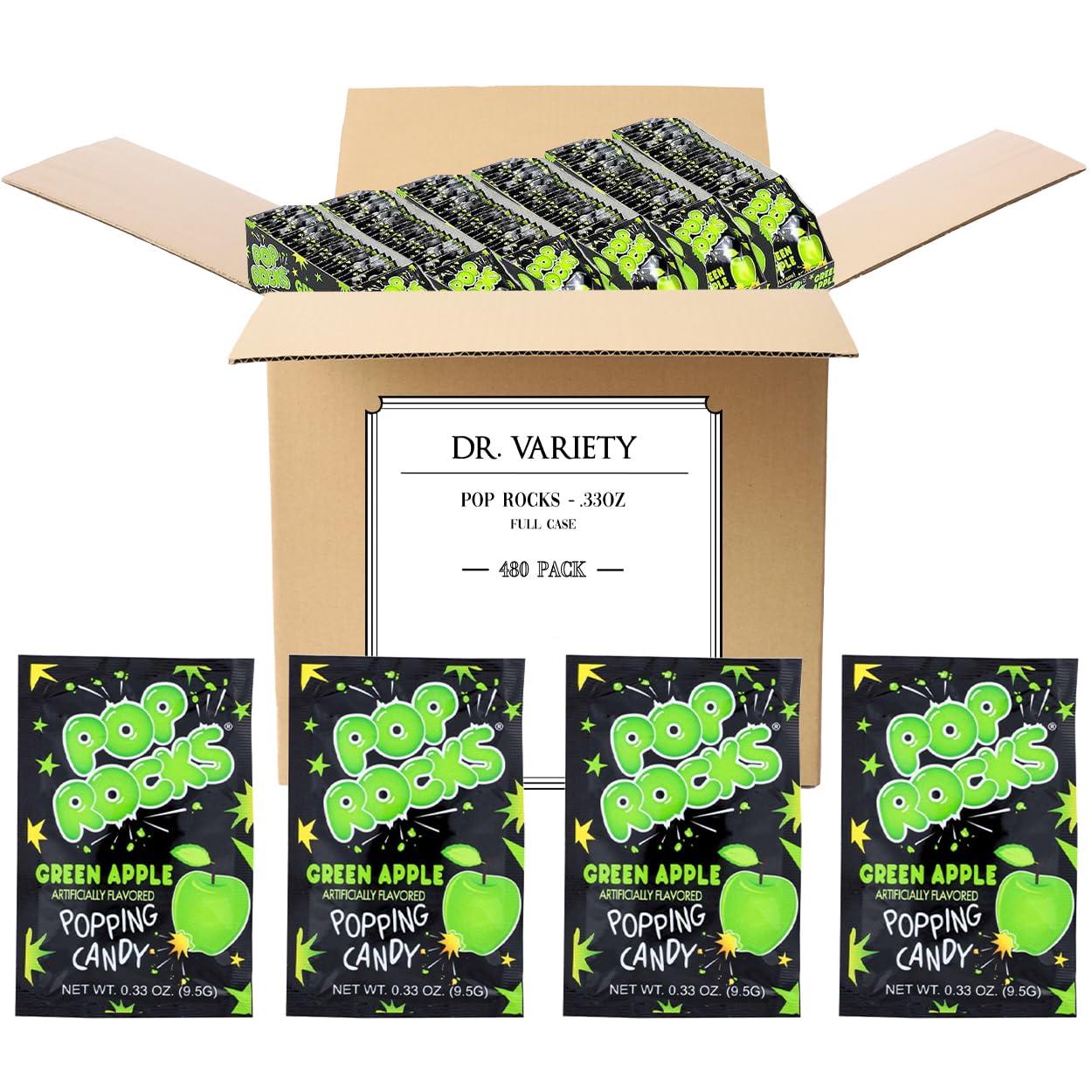Pop Rocks Green Apple Bulk Case (0.33 oz) – 480 Pack Green Apple Flavored Pop Rocks Popping Candy, Retro Crackling Rock Candy for Halloween, Christmas, Easter, Valentine’s Day & Parties – By Dr. Variety