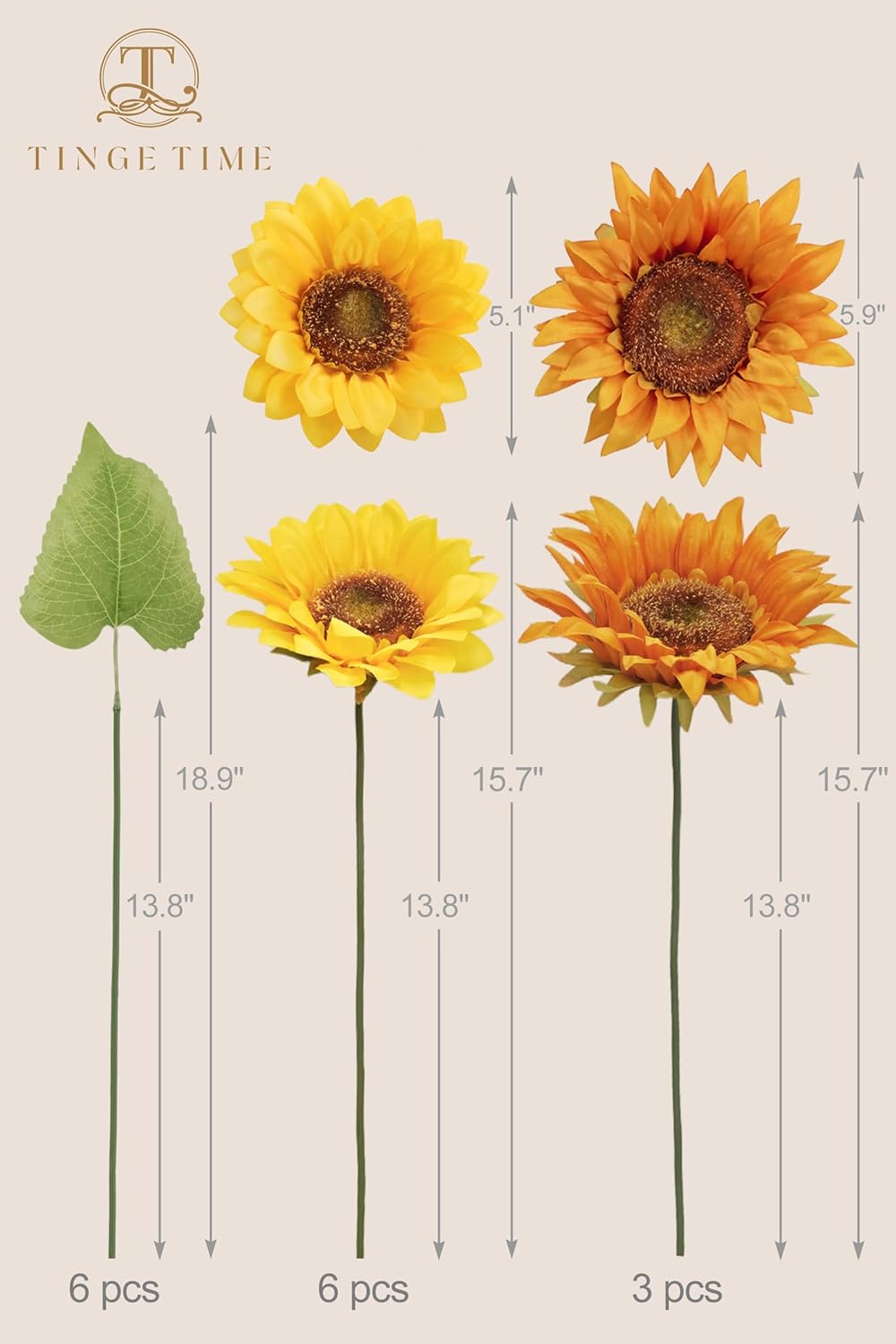 TINGE TIME 9 PCS Sunflowers Artificial Flowers, Mixed Fake Sunflowers w/Stem, Silk Sunflowers Bulk for Home DIY Wedding Bouquet Party Centerpiece Kitchen Decoration