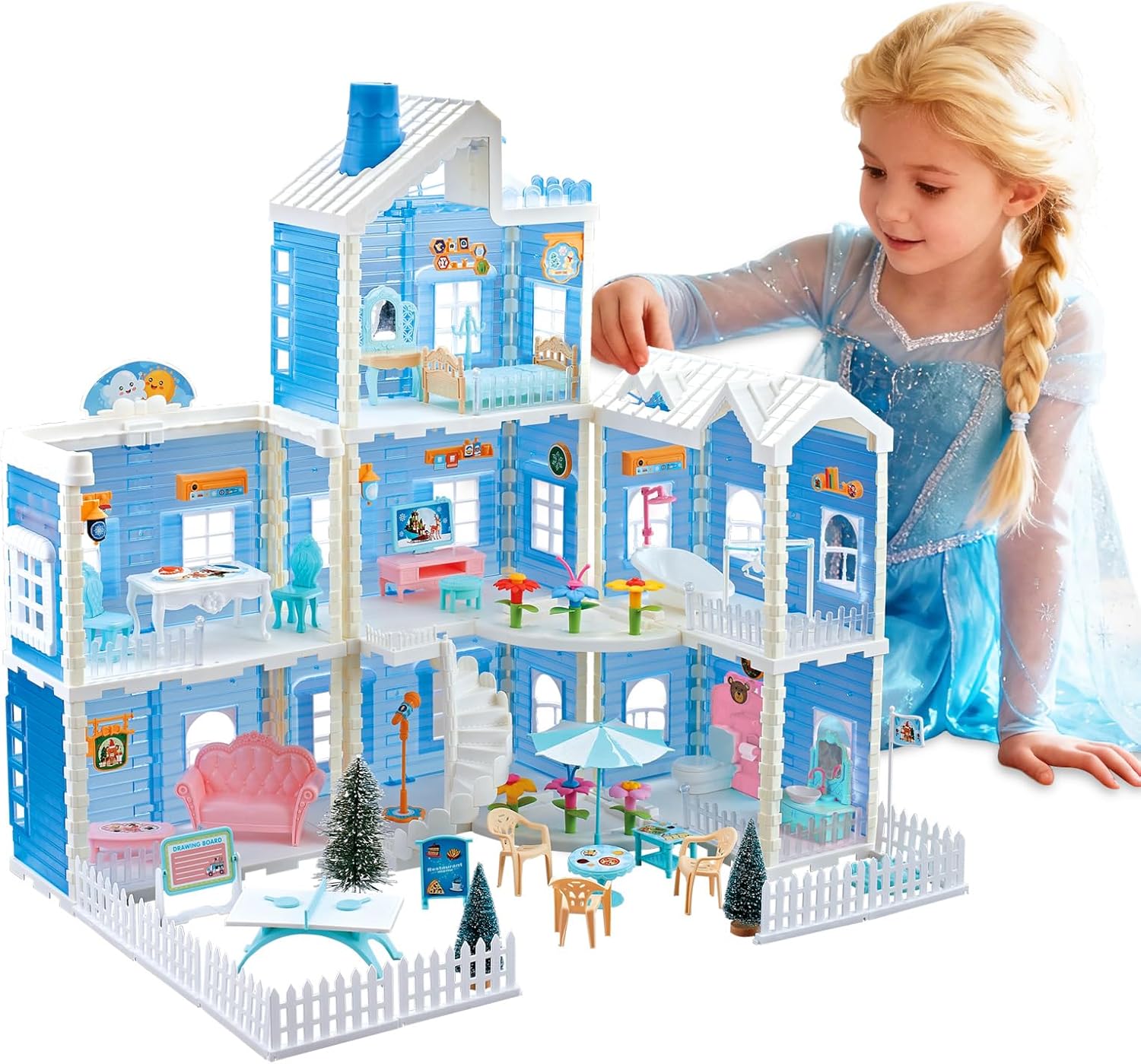 XOS Dollhouse Big Blue Dream Doll House Pretend Play& Learning Toy 3-Story Castle 7 Rooms 11 Scenarios for Girls & Boys Ages 4+ 37PCS Without Dolls