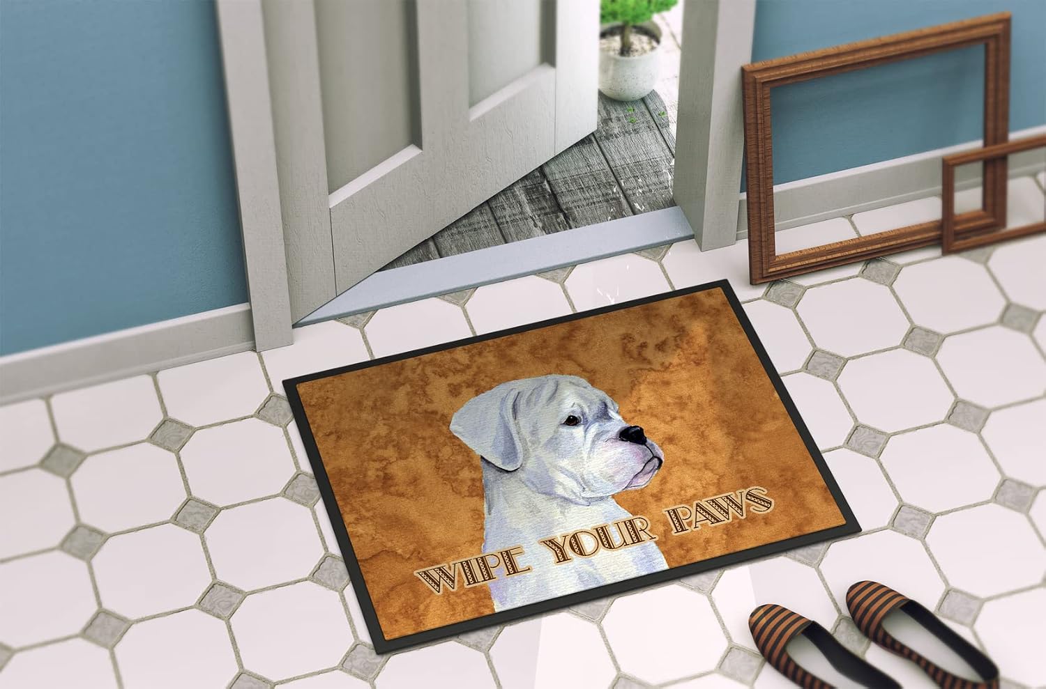 Caroline's Treasures SS4887MAT White Boxer Wipe Your Paws Doormat 18x27 Front Door Mat Indoor Outdoor Rugs for Entryway, Non Slip Washable Low Pile, 18H X 27W